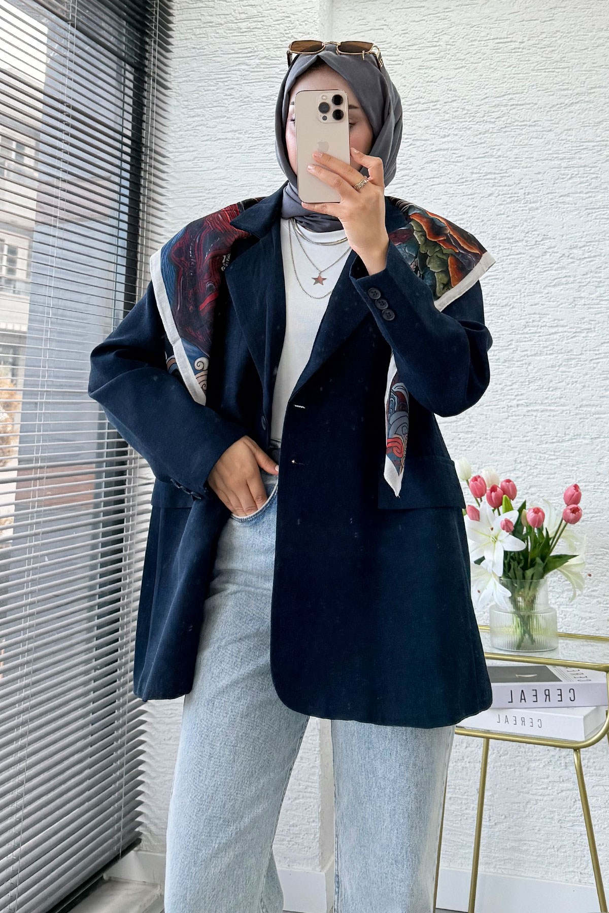 İki Düğmeli Keten Blazer Kadın Ceket - Lacivert