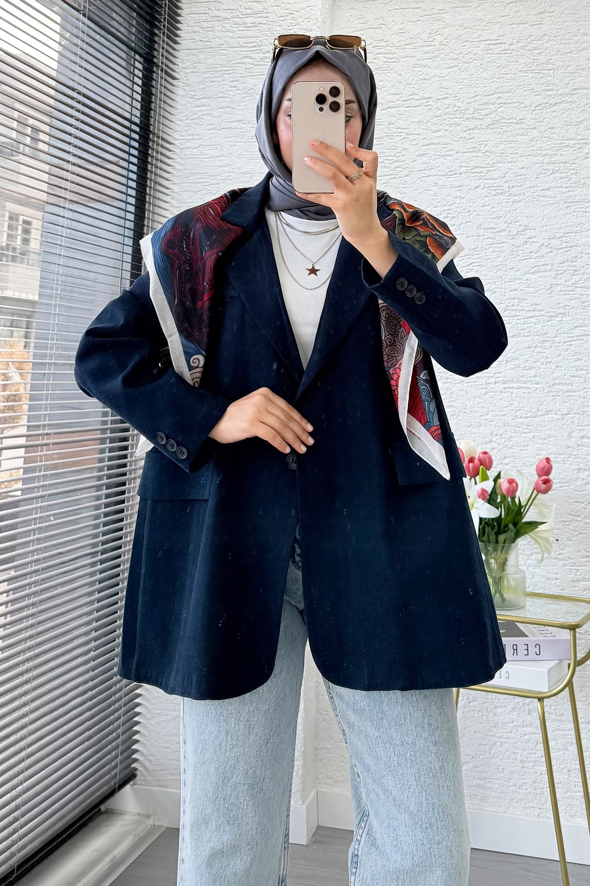 İki Düğmeli Keten Blazer Kadın Ceket - Lacivert