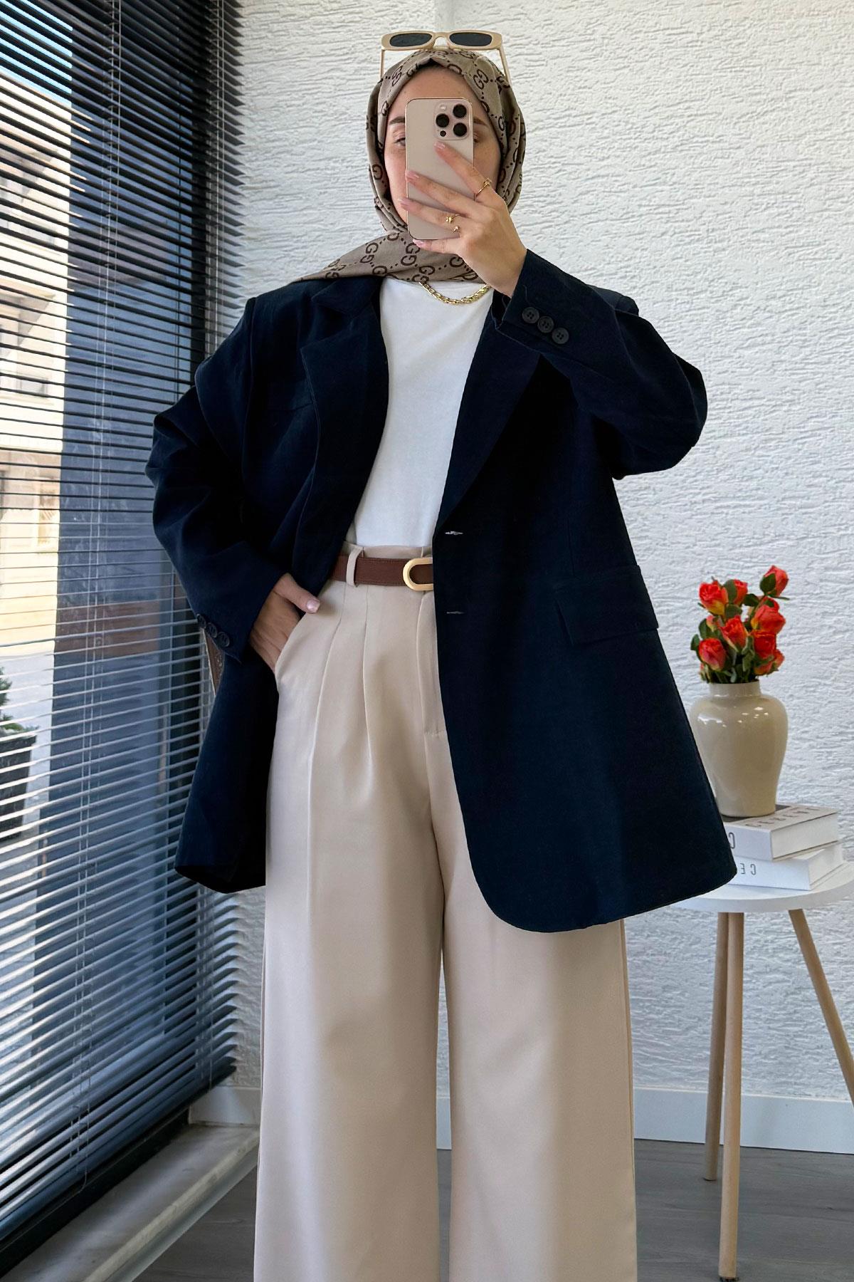 İki Düğmeli Keten Blazer Kadın Ceket - Lacivert