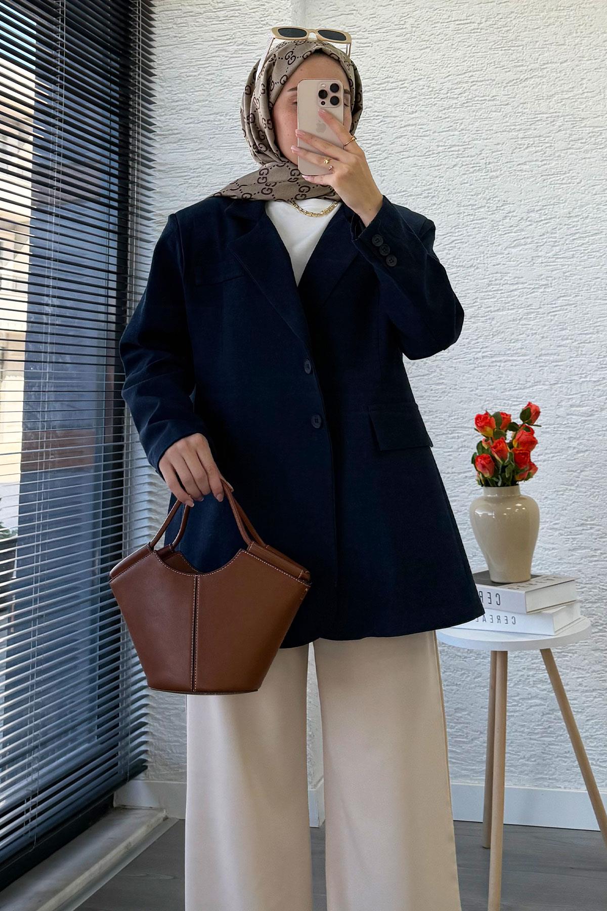 İki Düğmeli Keten Blazer Kadın Ceket - Lacivert