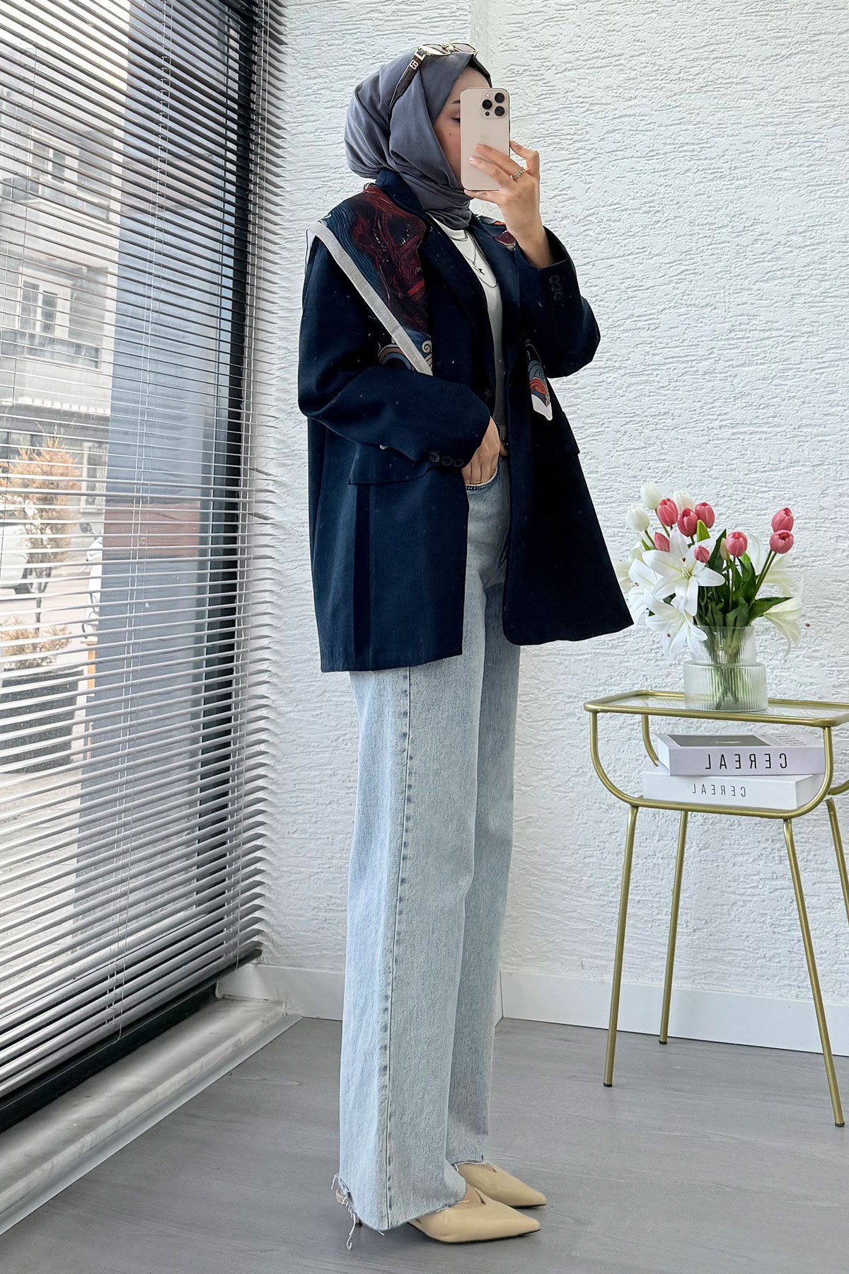 İki Düğmeli Keten Blazer Kadın Ceket - Lacivert