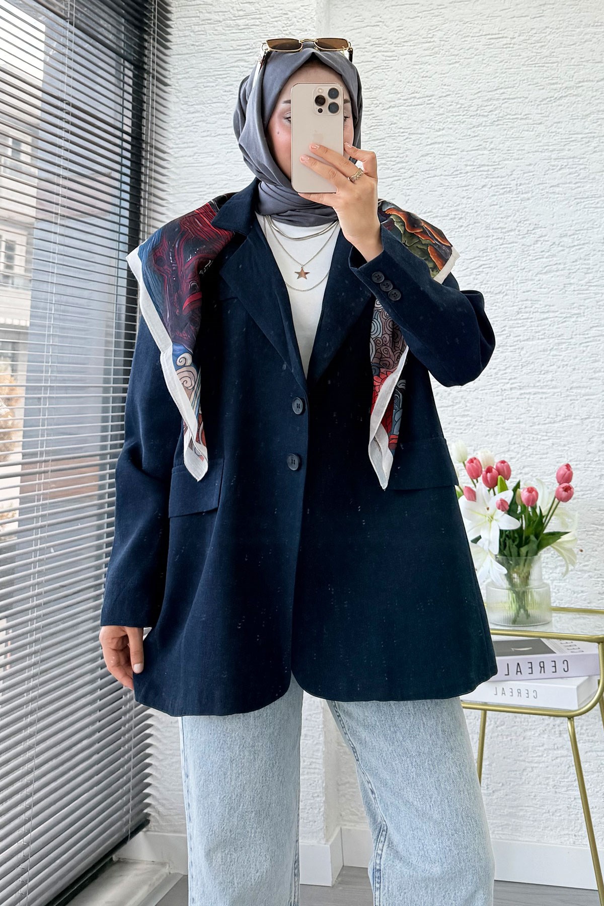 İki Düğmeli Keten Blazer Kadın Ceket - Lacivert