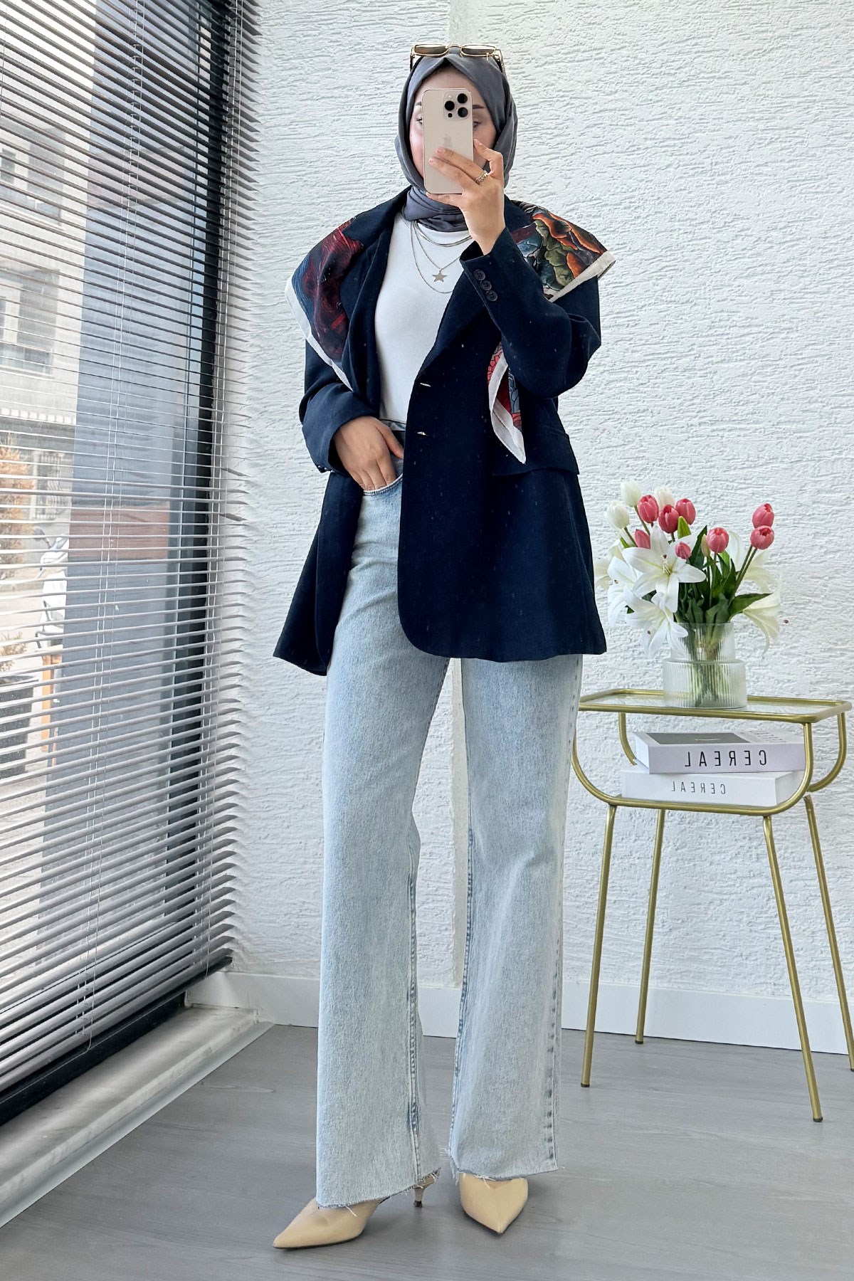 İki Düğmeli Keten Blazer Kadın Ceket - Lacivert