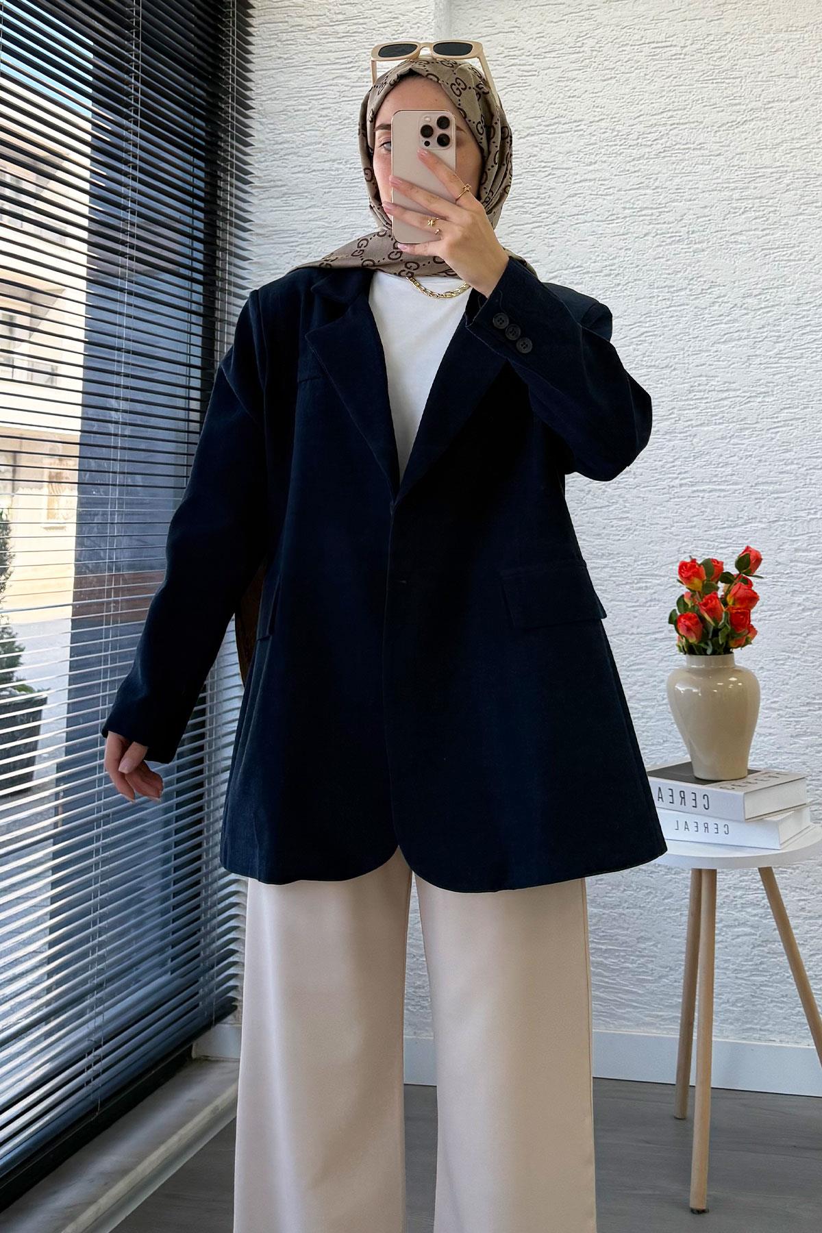 İki Düğmeli Keten Blazer Kadın Ceket - Lacivert