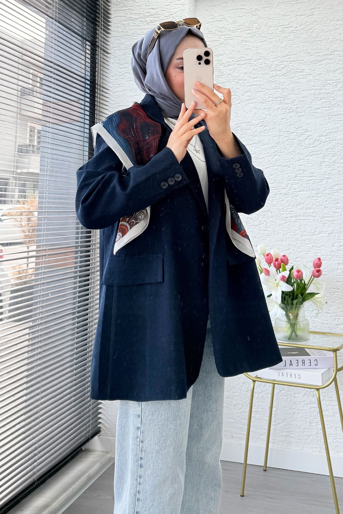İki Düğmeli Keten Blazer Kadın Ceket - Lacivert