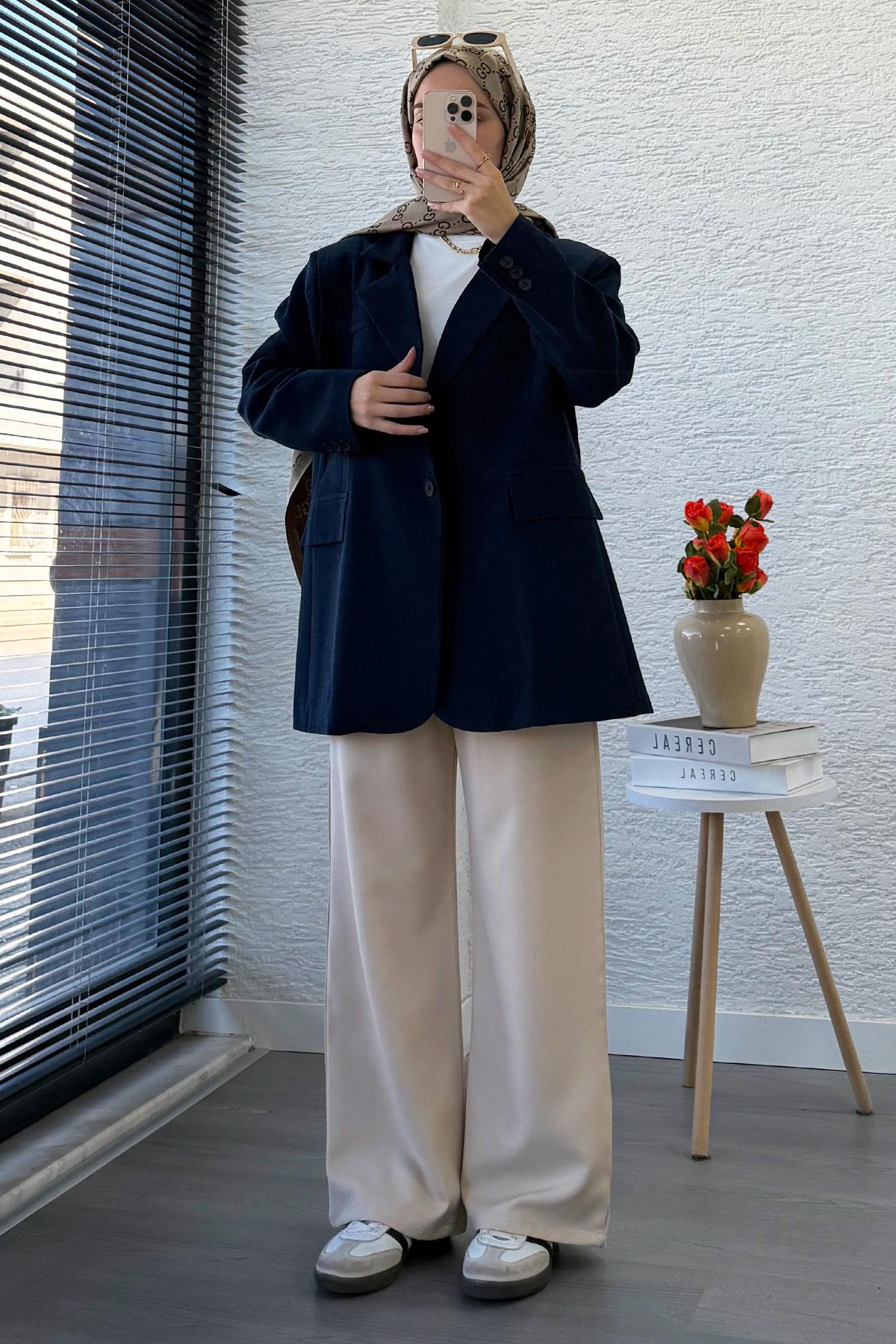İki Düğmeli Keten Blazer Kadın Ceket - Lacivert