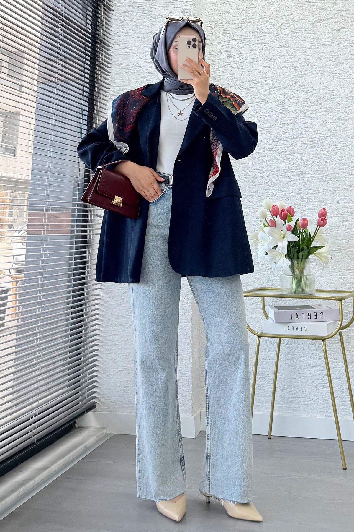 İki Düğmeli Keten Blazer Kadın Ceket - Lacivert