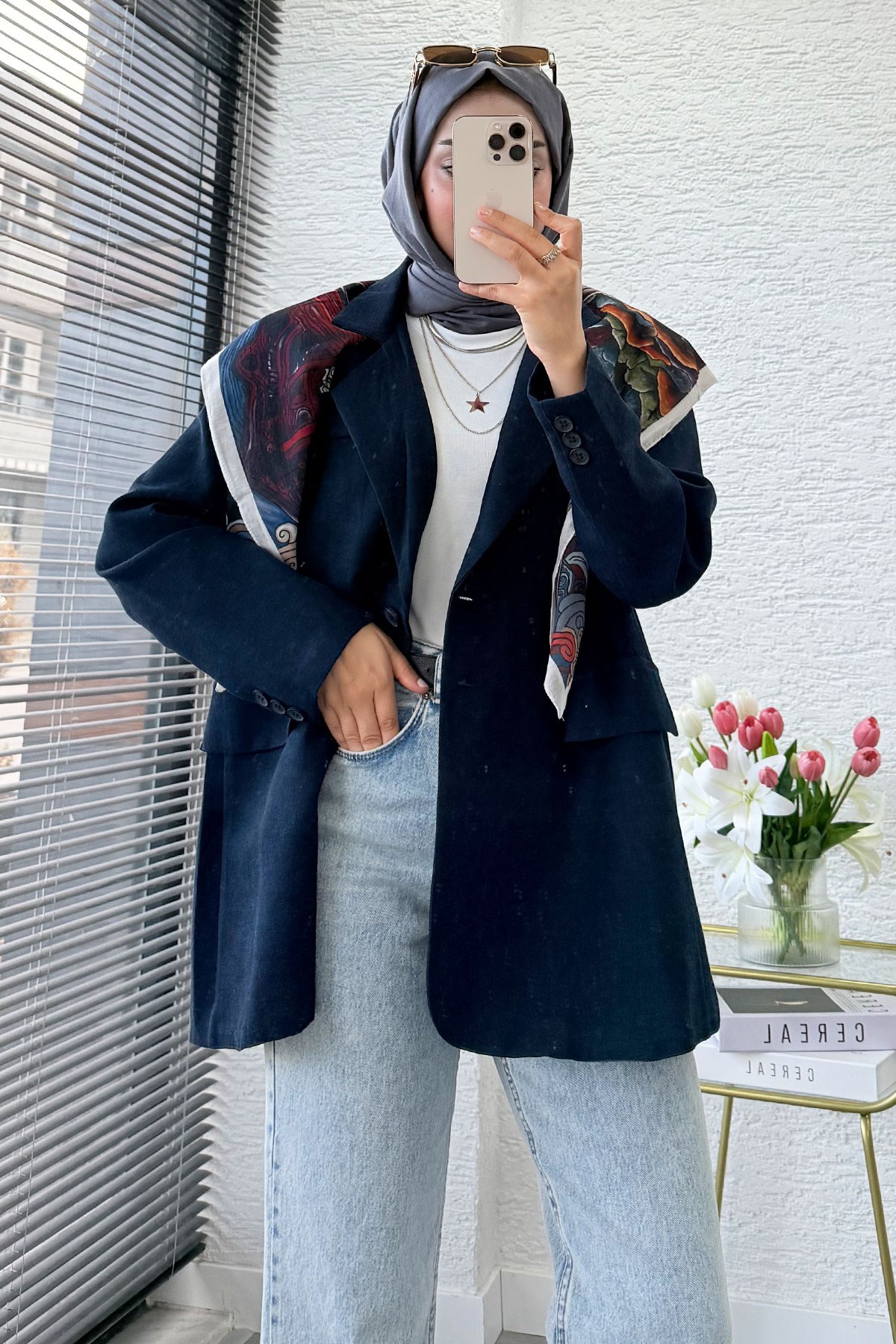 İki Düğmeli Keten Blazer Kadın Ceket - Lacivert