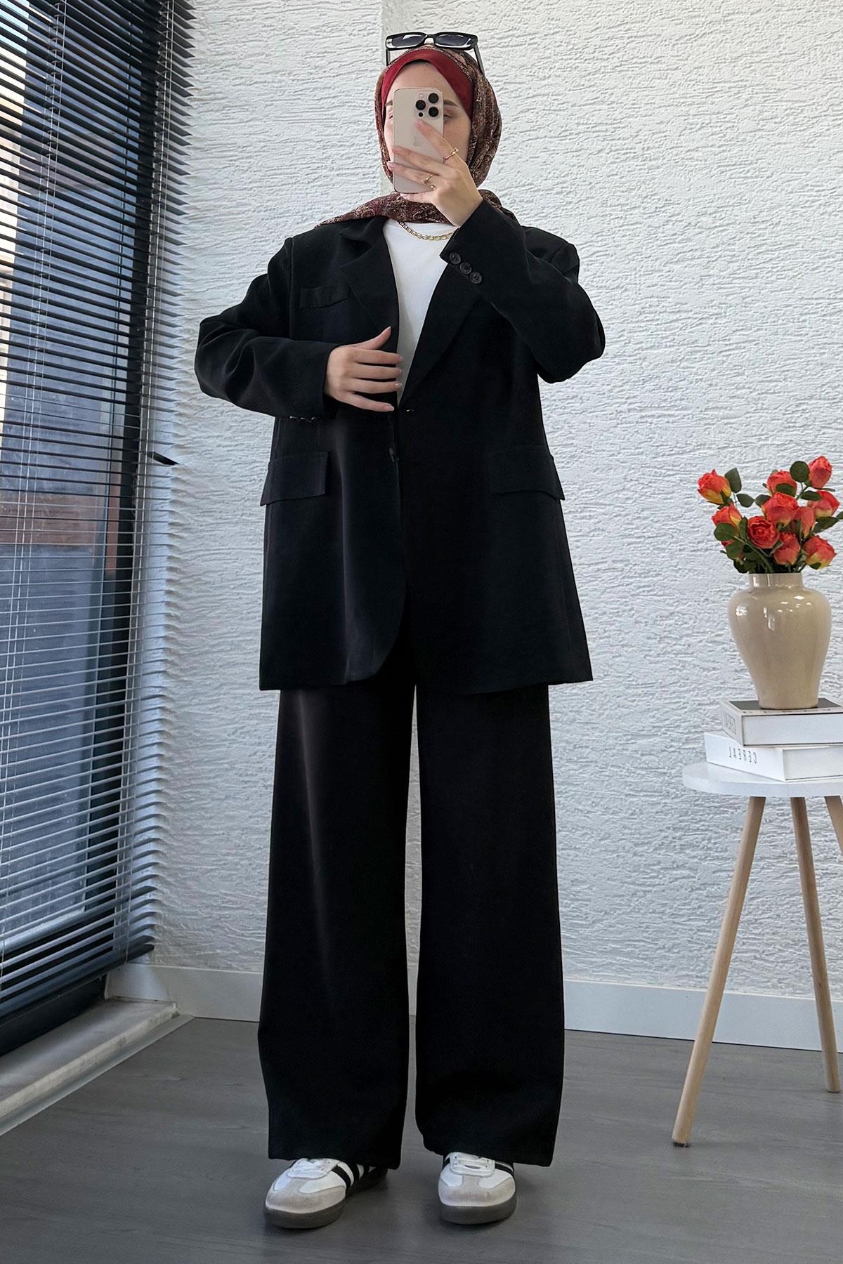 İki Düğmeli Keten Blazer Kadın Ceket - Siyah