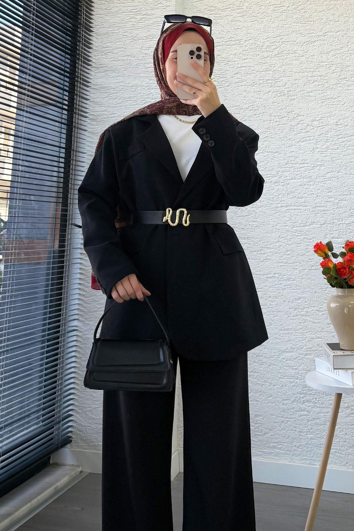 İki Düğmeli Keten Blazer Kadın Ceket - Siyah