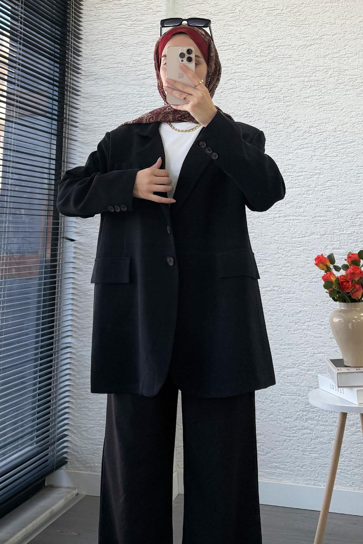 İki Düğmeli Keten Blazer Kadın Ceket - Siyah