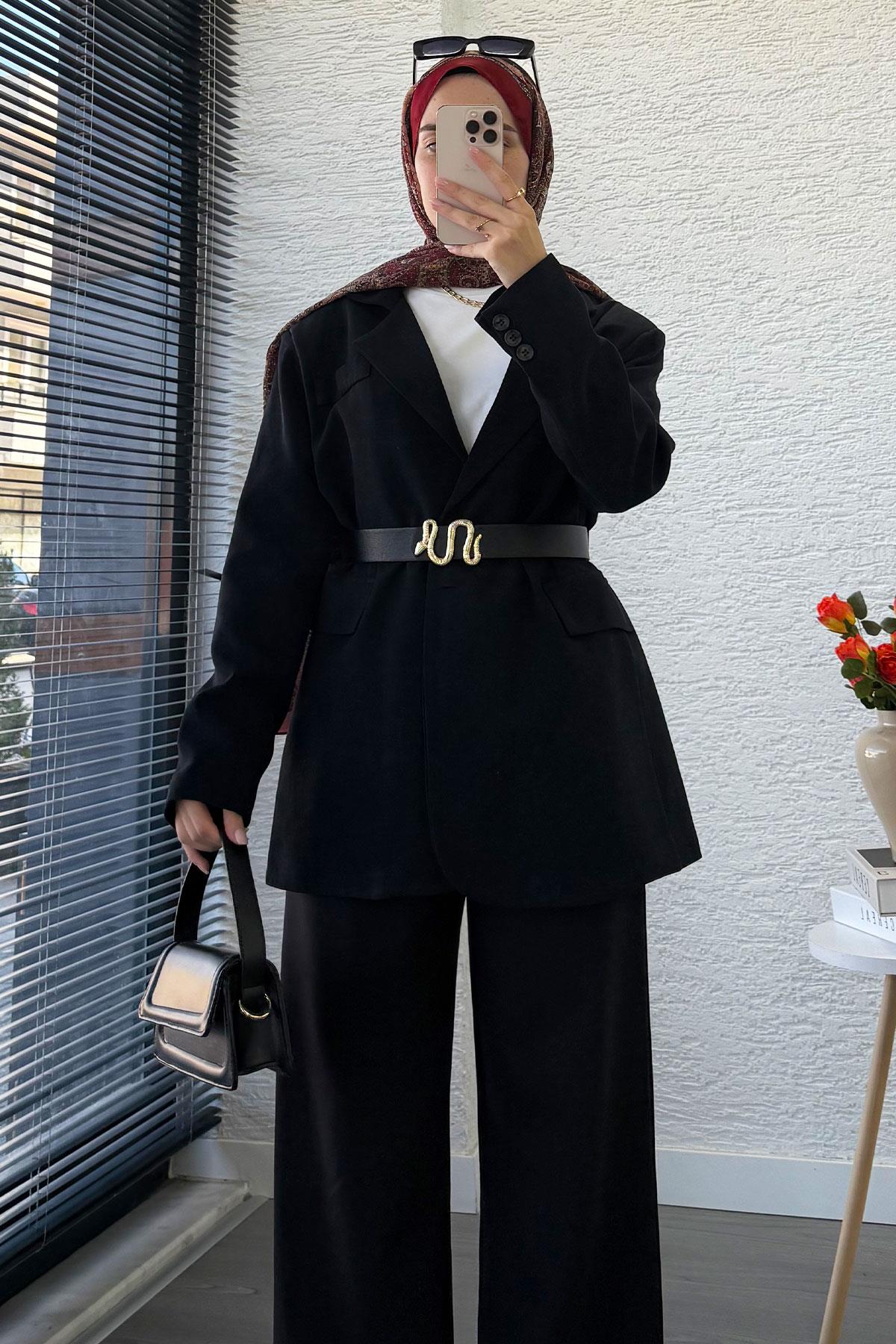 İki Düğmeli Keten Blazer Kadın Ceket - Siyah
