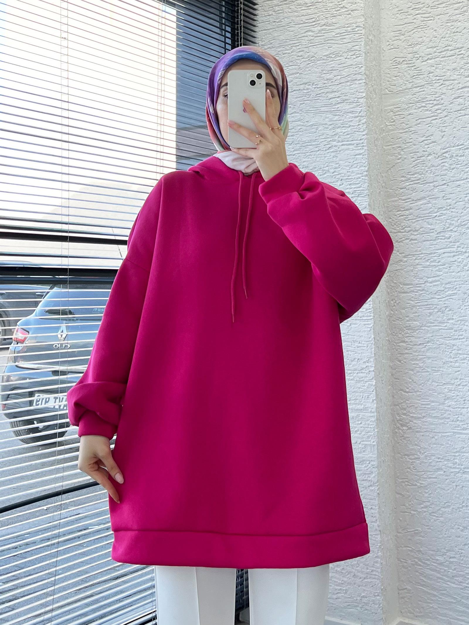 Kadın Fuşya Oversize Kapüşonlu Sweat