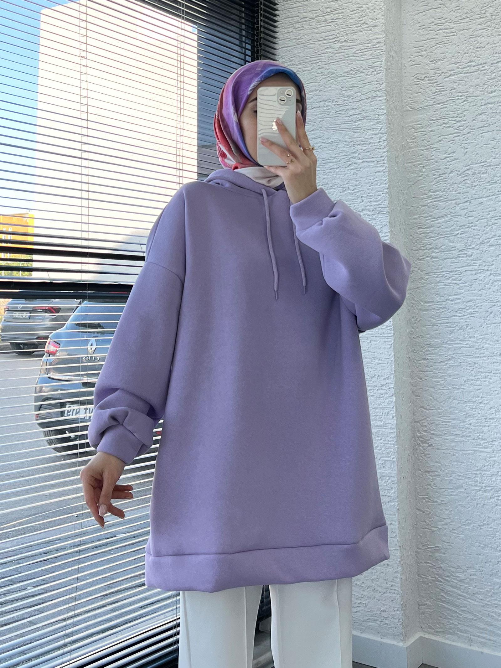 Kadın Lila Oversize Kapüşonlu Sweat