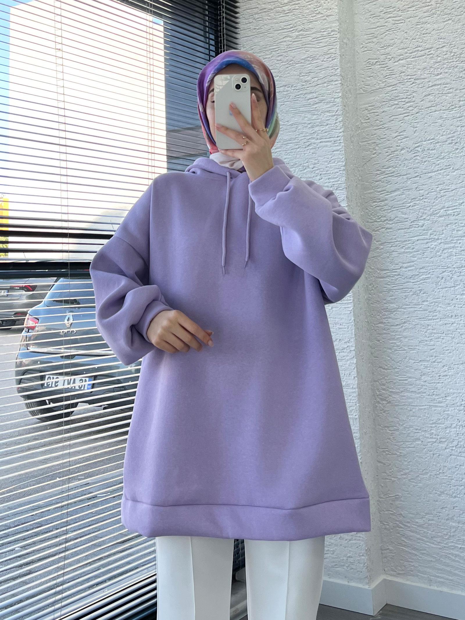 Kadın Lila Oversize Kapüşonlu Sweat