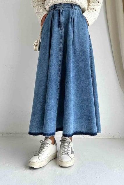 Kadın Pile Detay Kloş Denim Kot Etek Modeli