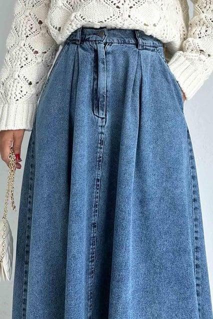 Kadın Pile Detay Kloş Denim Kot Etek Modeli