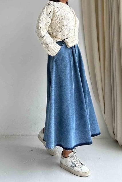Kadın Pile Detay Kloş Denim Kot Etek Modeli