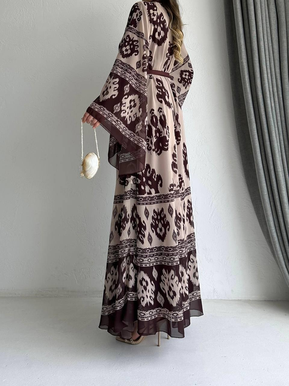 Kahve Etnik Desen Liya Abaya Takım 
