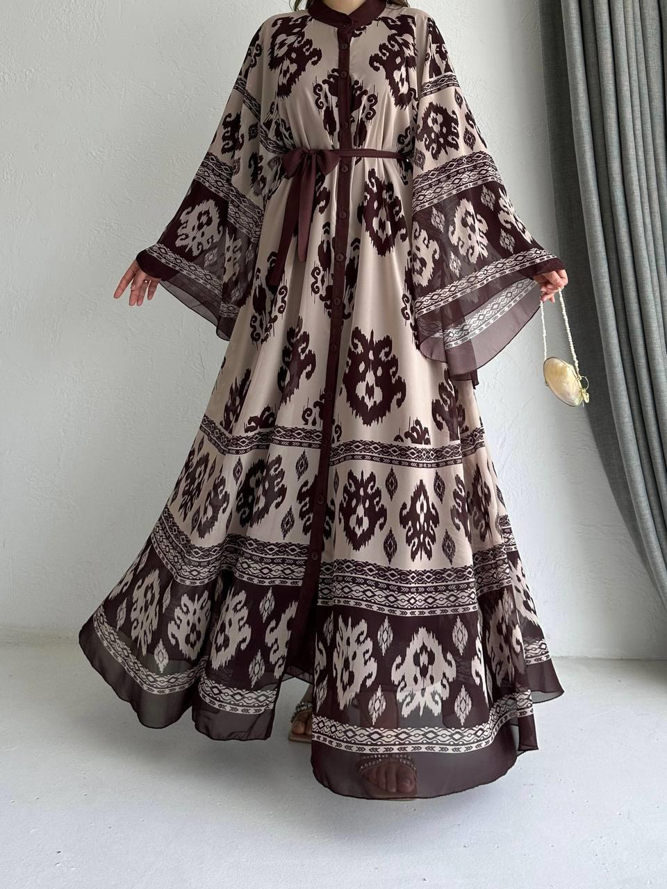 Kahve Etnik Desen Liya Abaya Takım 