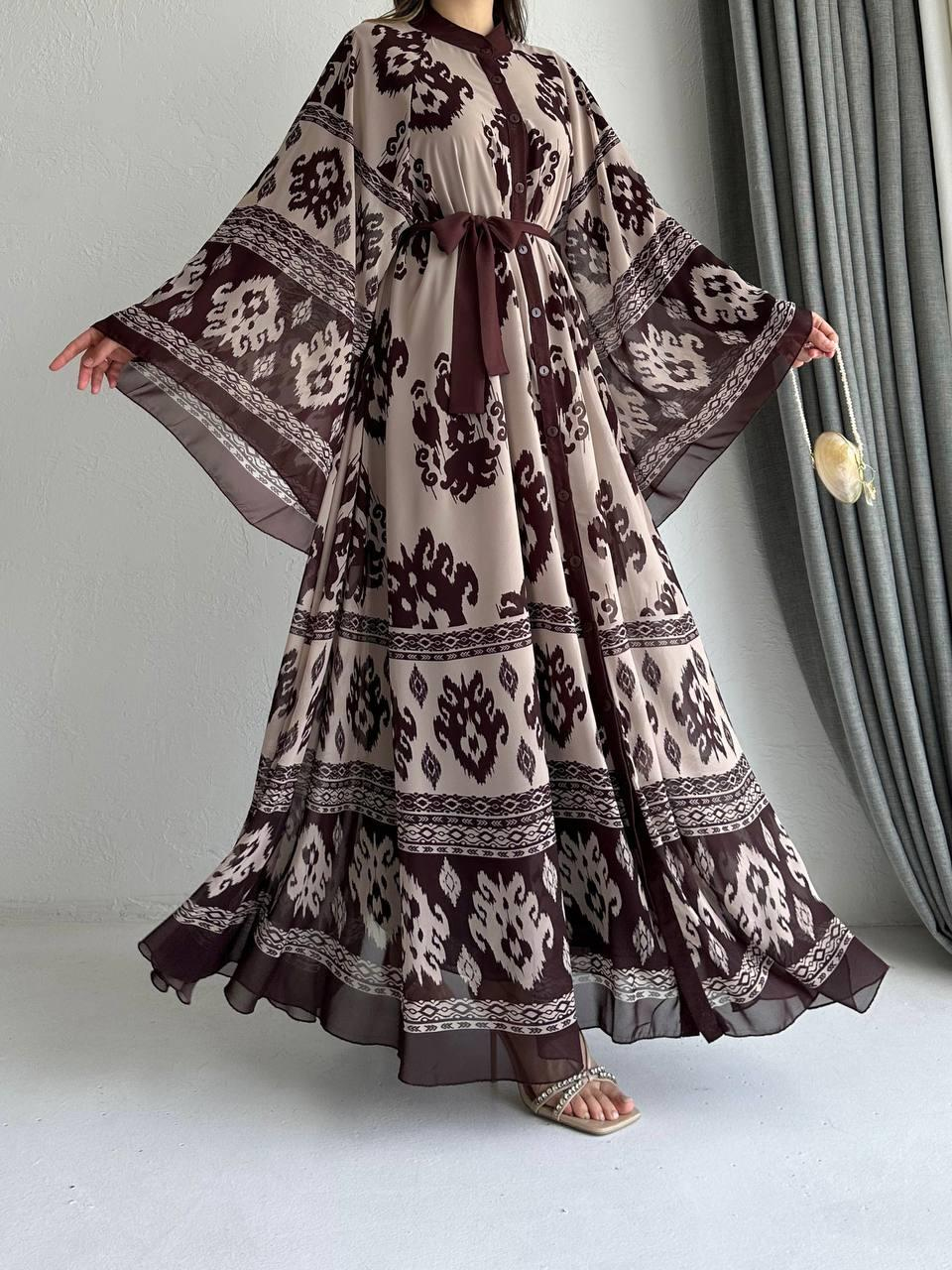 Kahve Etnik Desen Liya Abaya Takım 
