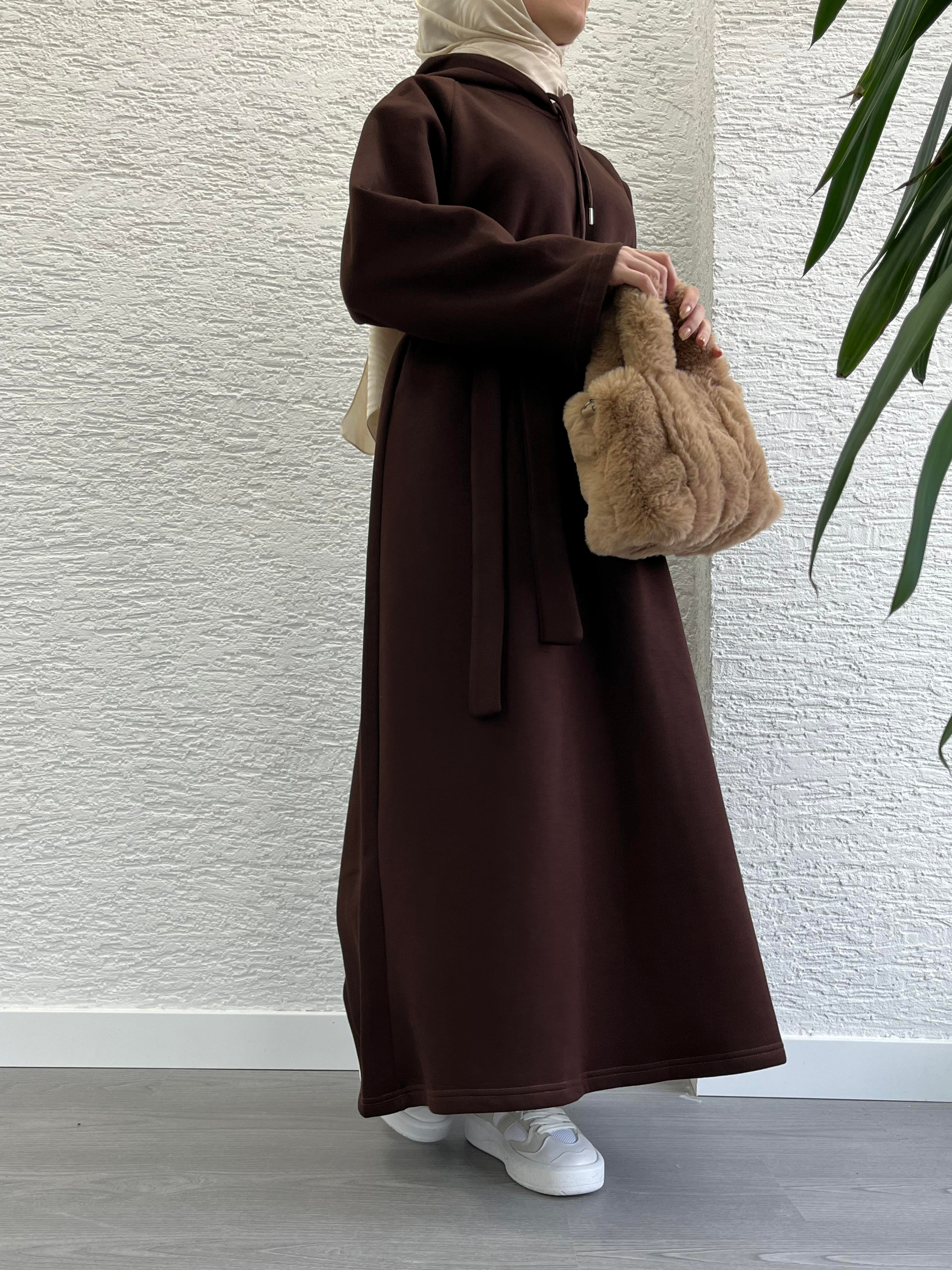 Kahve Kapşonlu Oversize Sweat Elbise