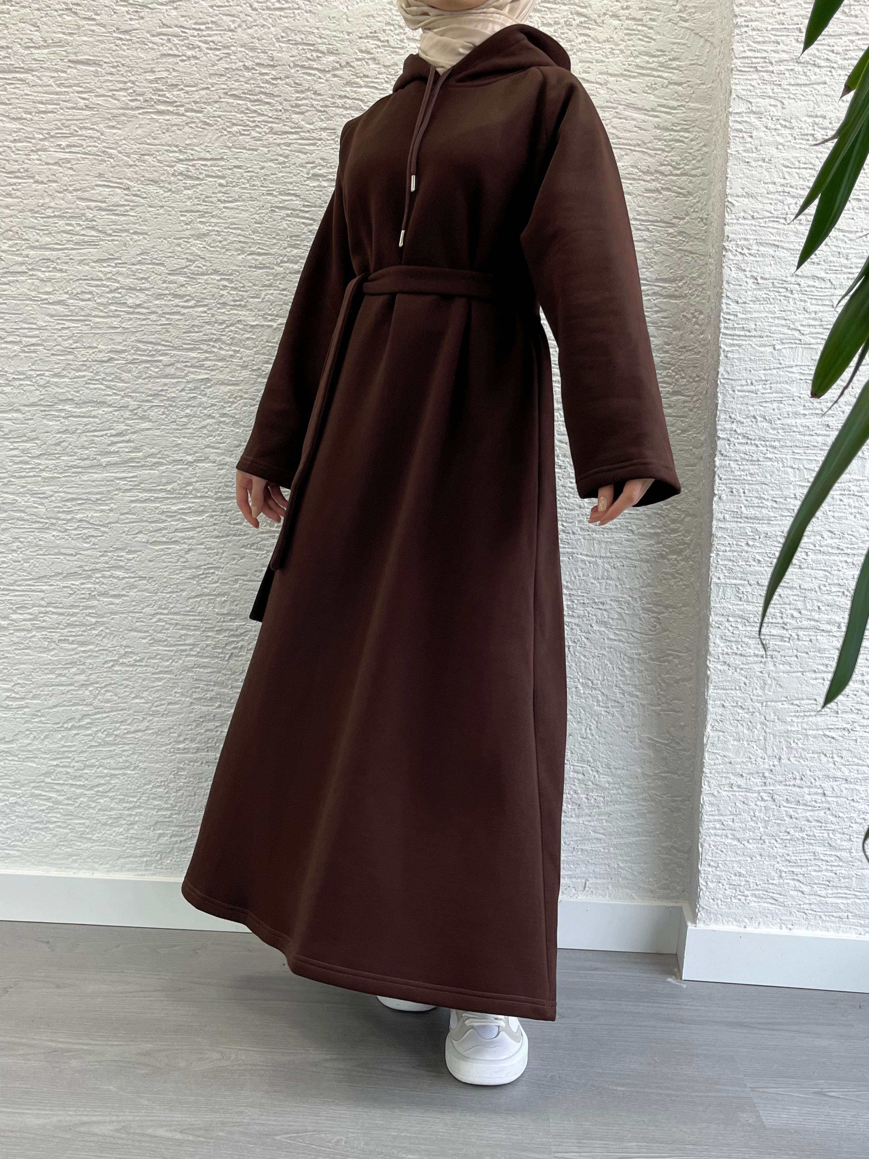 Kahve Kapşonlu Oversize Sweat Elbise