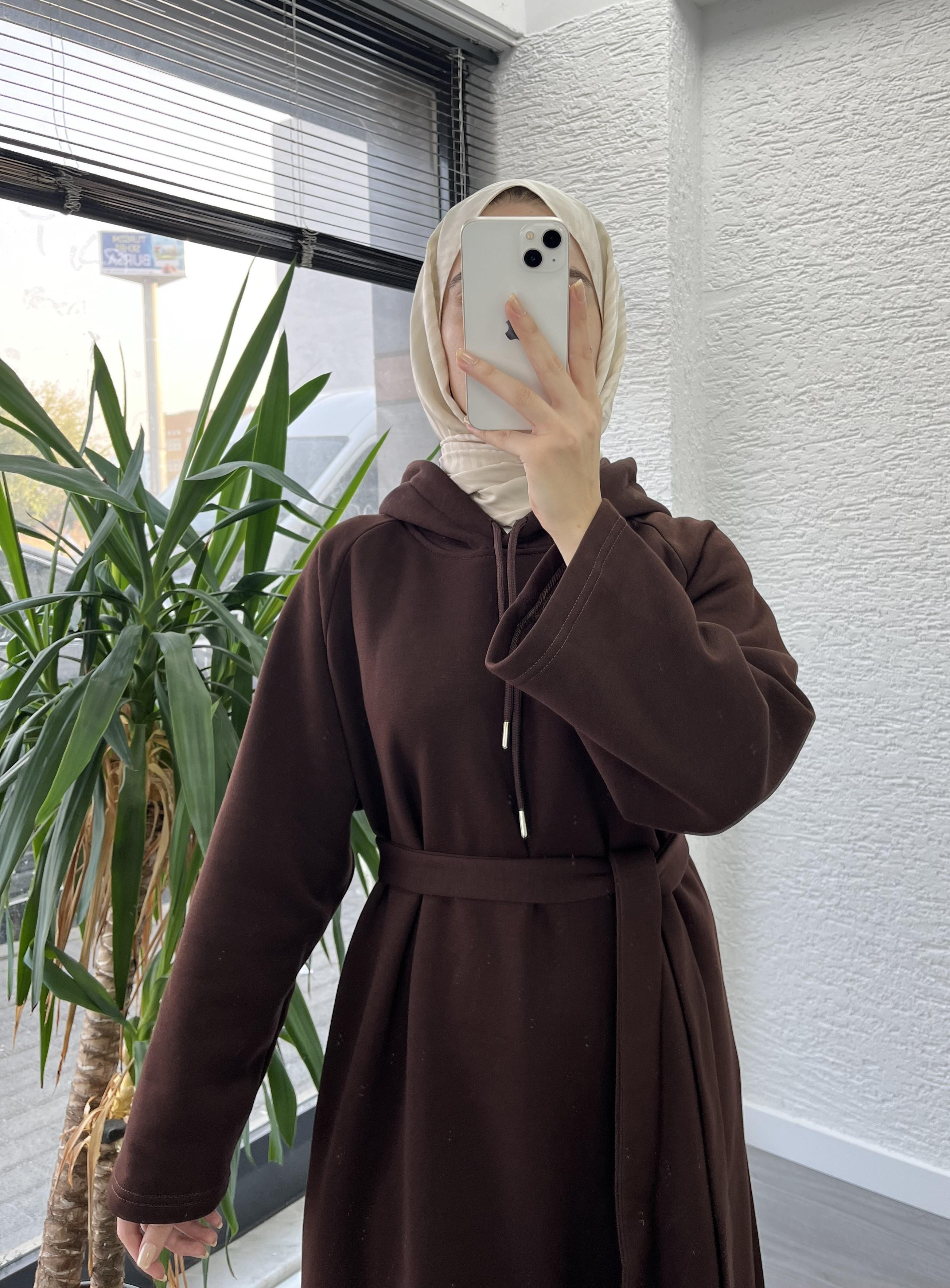 Kahve Kapşonlu Oversize Sweat Elbise