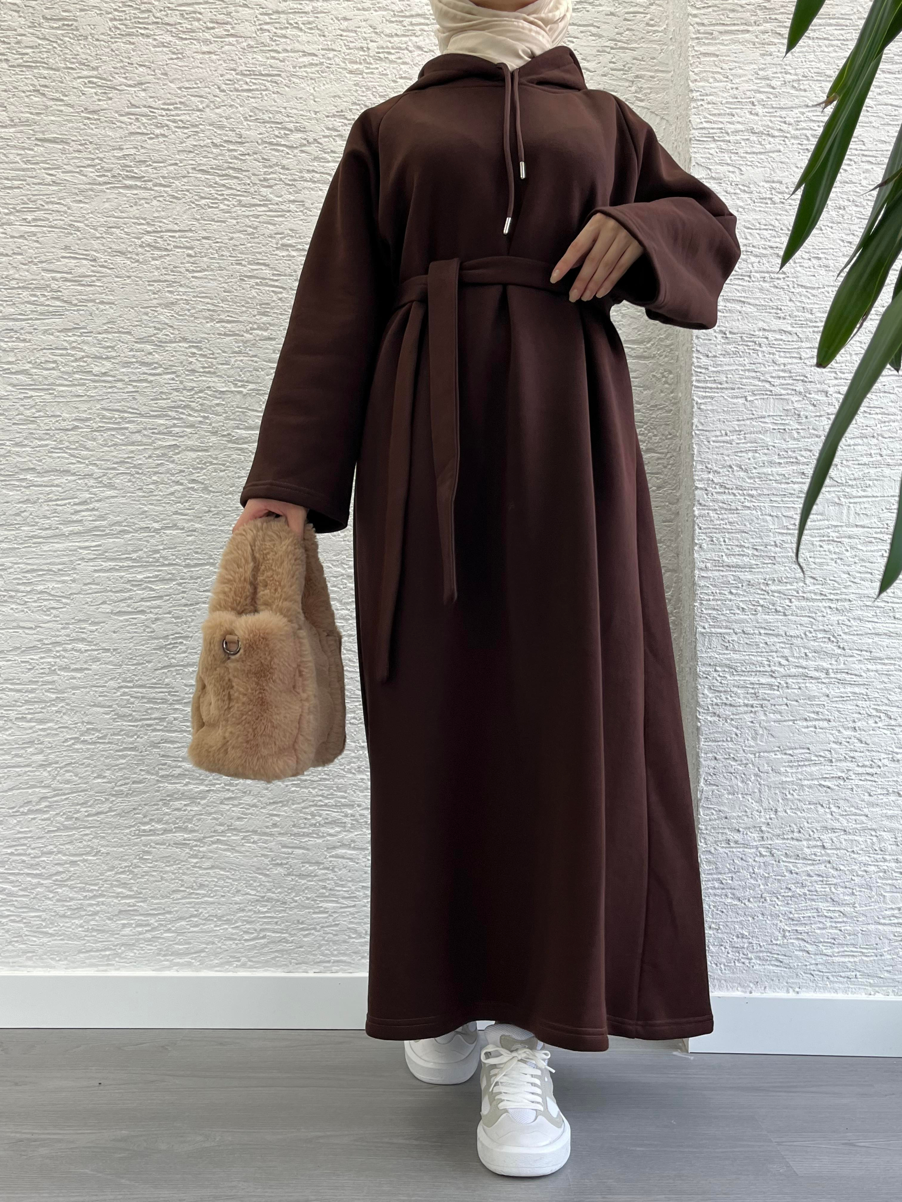 Kahve Kapşonlu Oversize Sweat Elbise