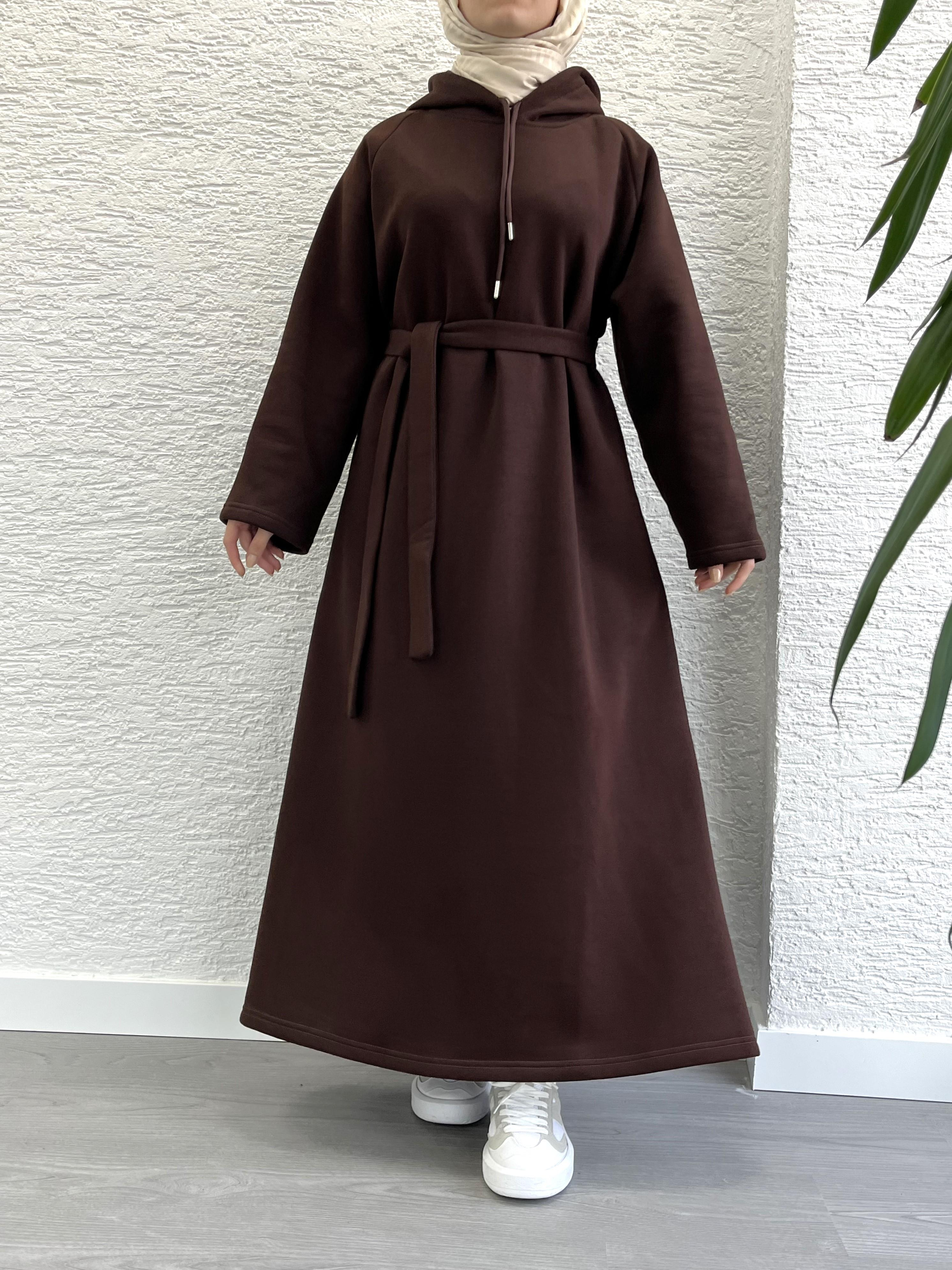 Kahve Kapşonlu Oversize Sweat Elbise