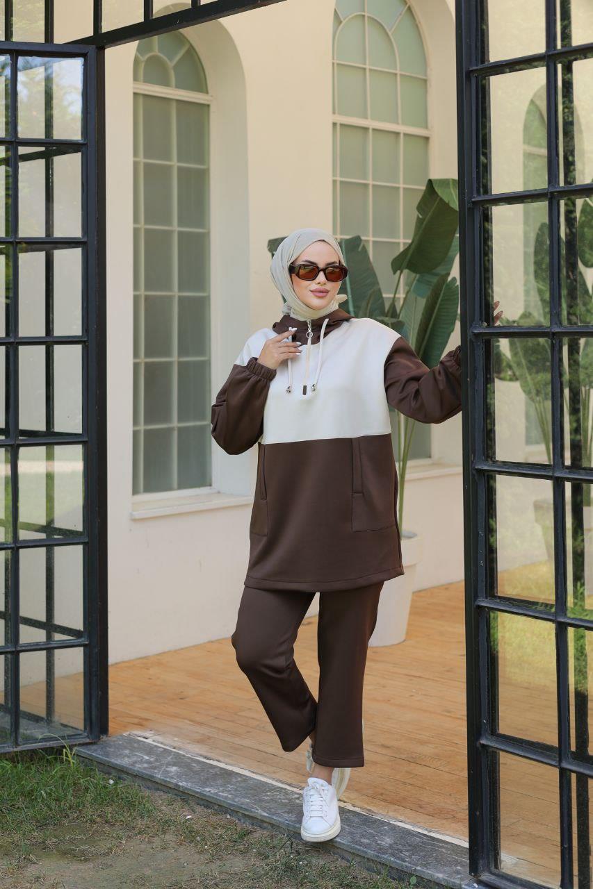 Kahve Kapüşonlu Sweat İkili Takım