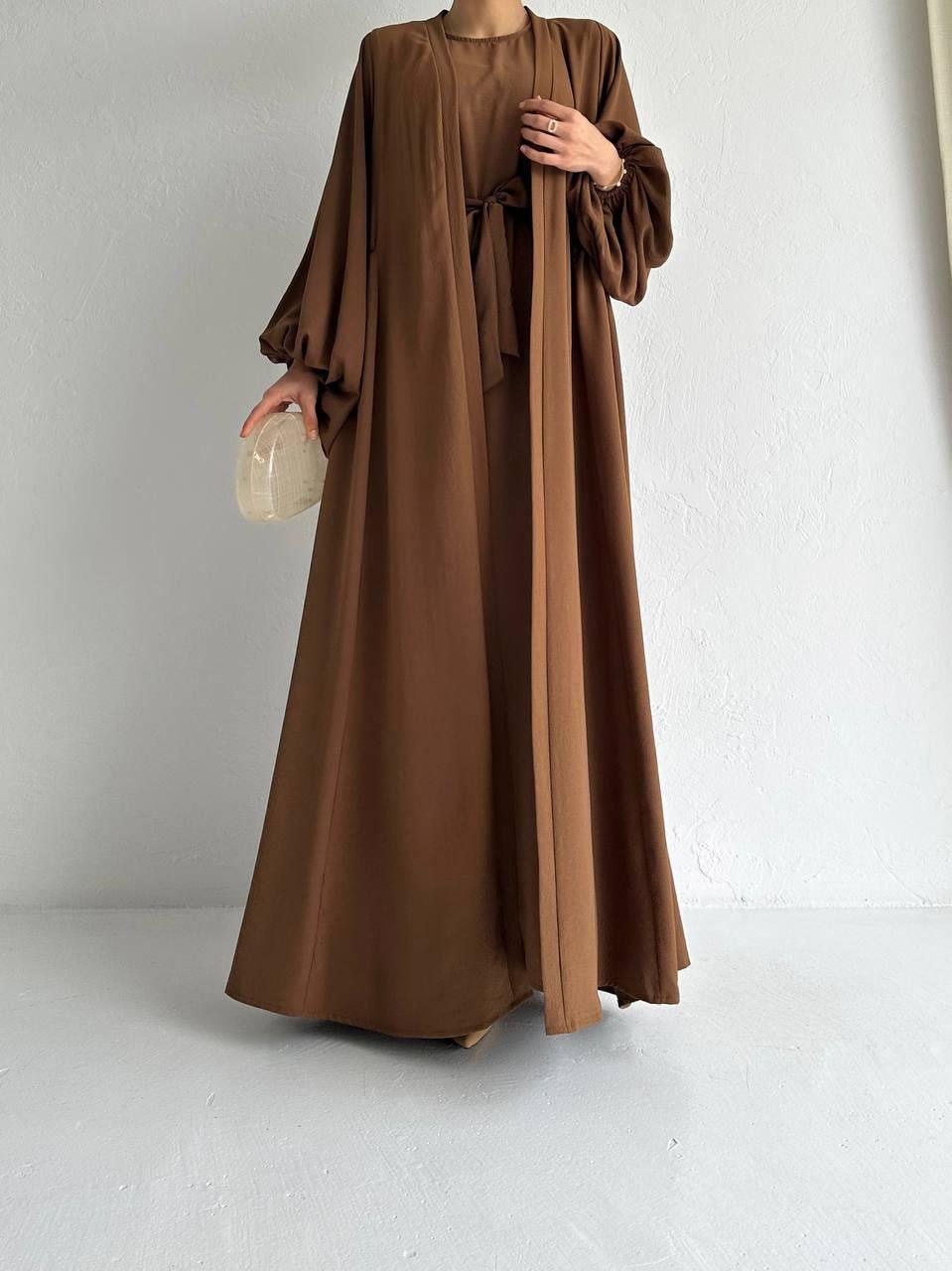Kahve Yanları Büzgülü Abaya Takım