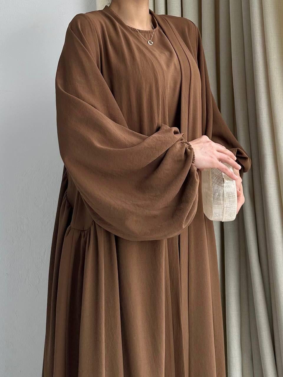 Kahve Yanları Büzgülü Abaya Takım