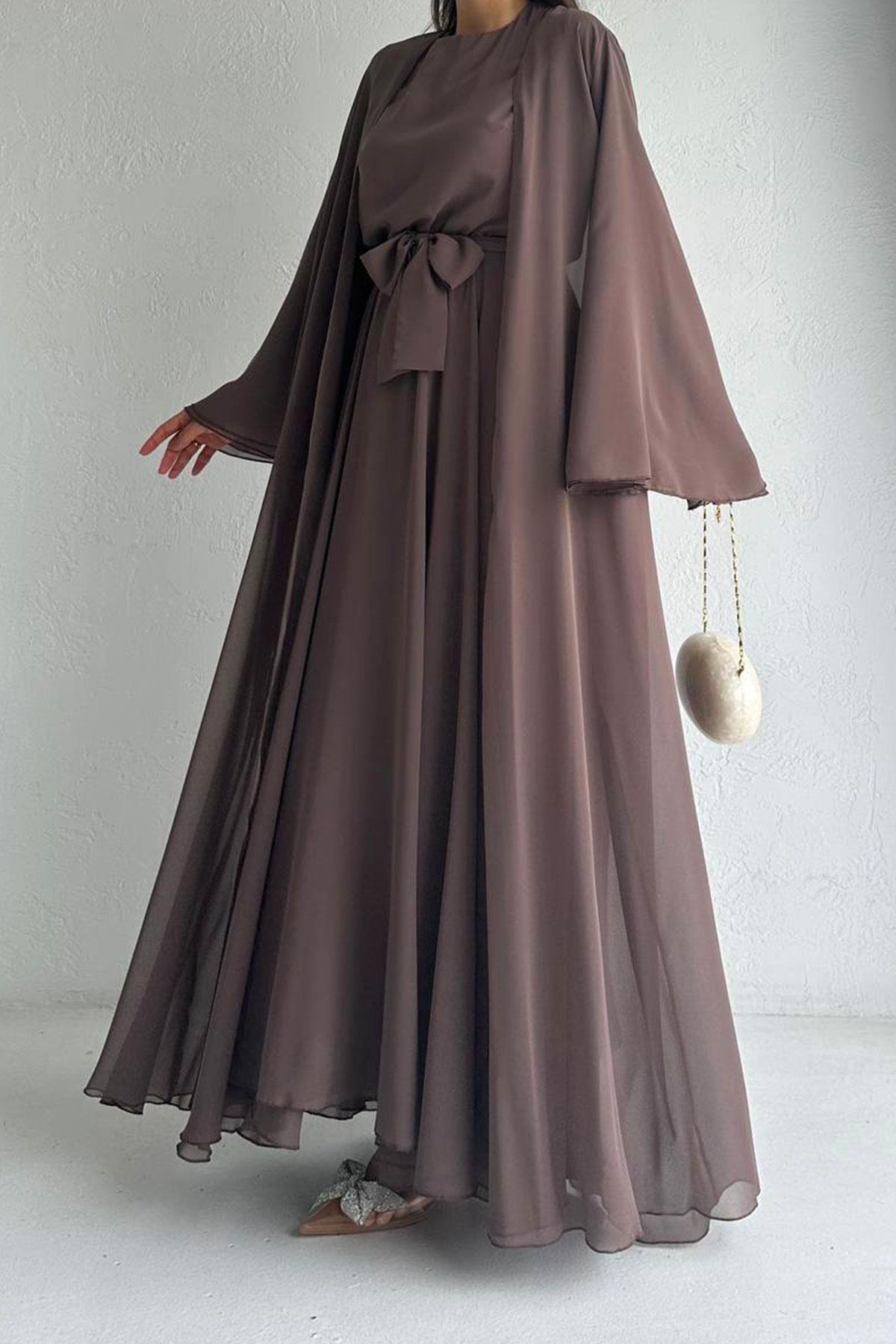 Kahverengi Bella Şifon Abaya Takım 