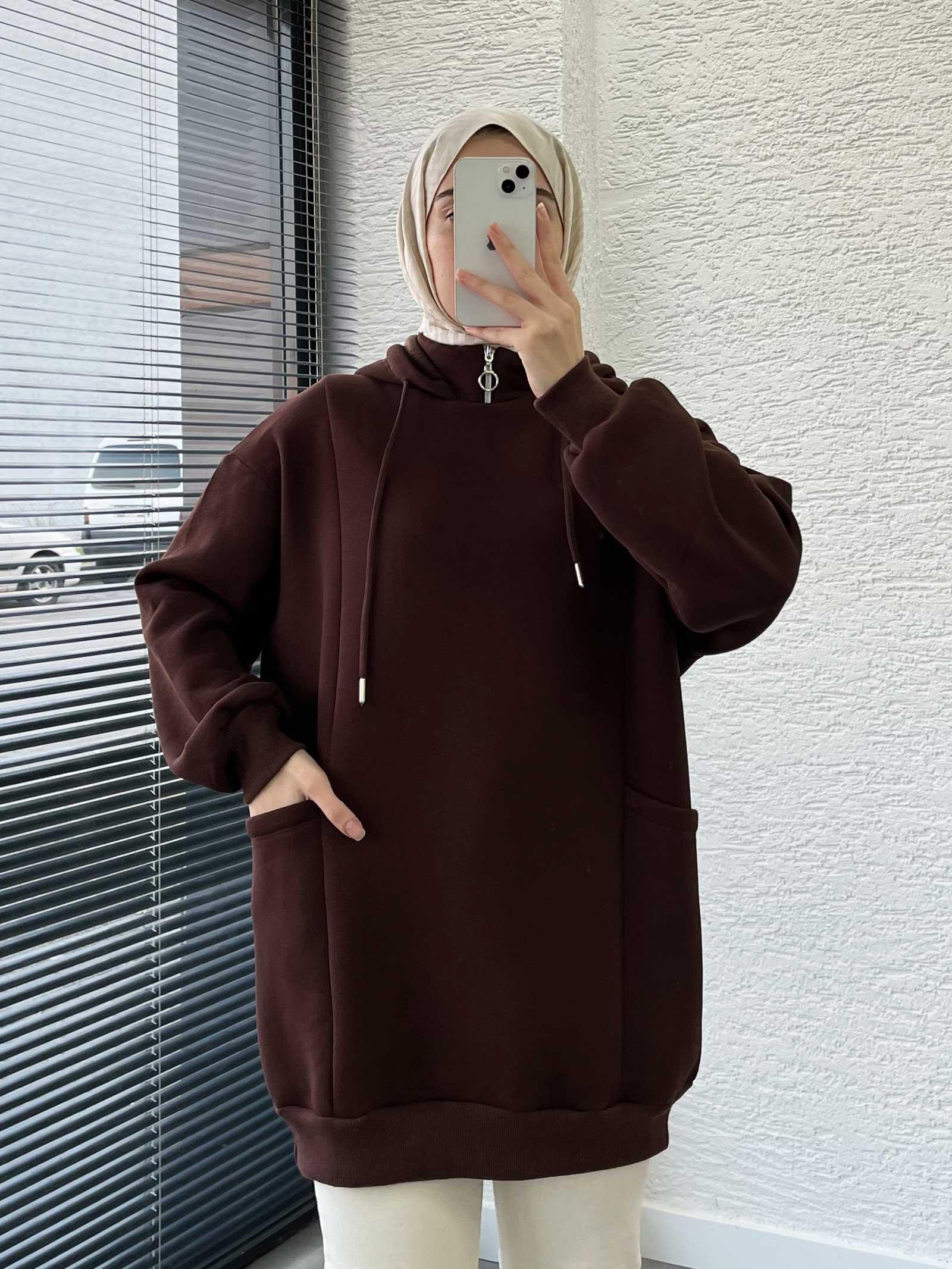 Kahverengi Cepli Oversize Kadın Sweat