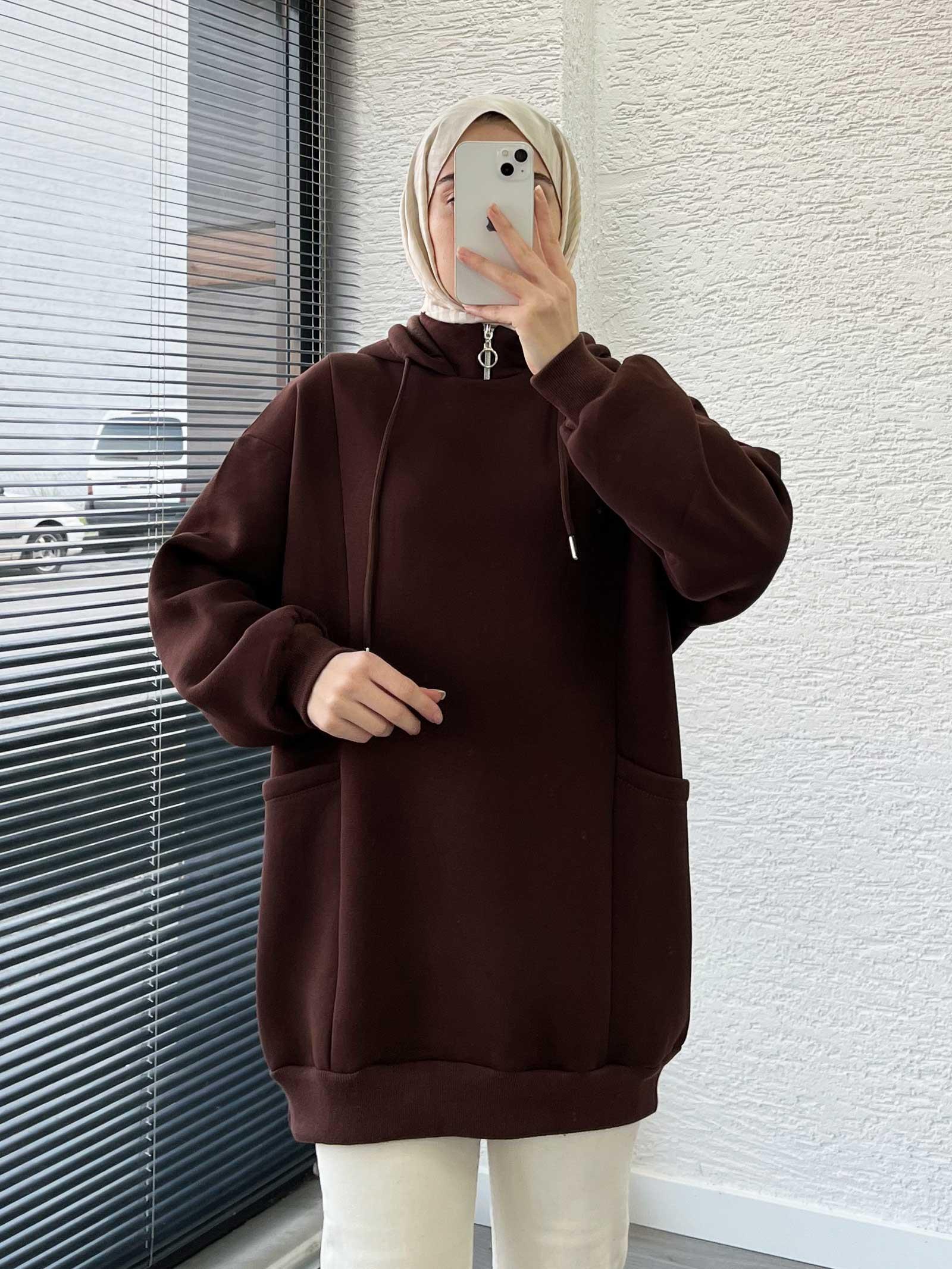 Kahverengi Cepli Oversize Kadın Sweat