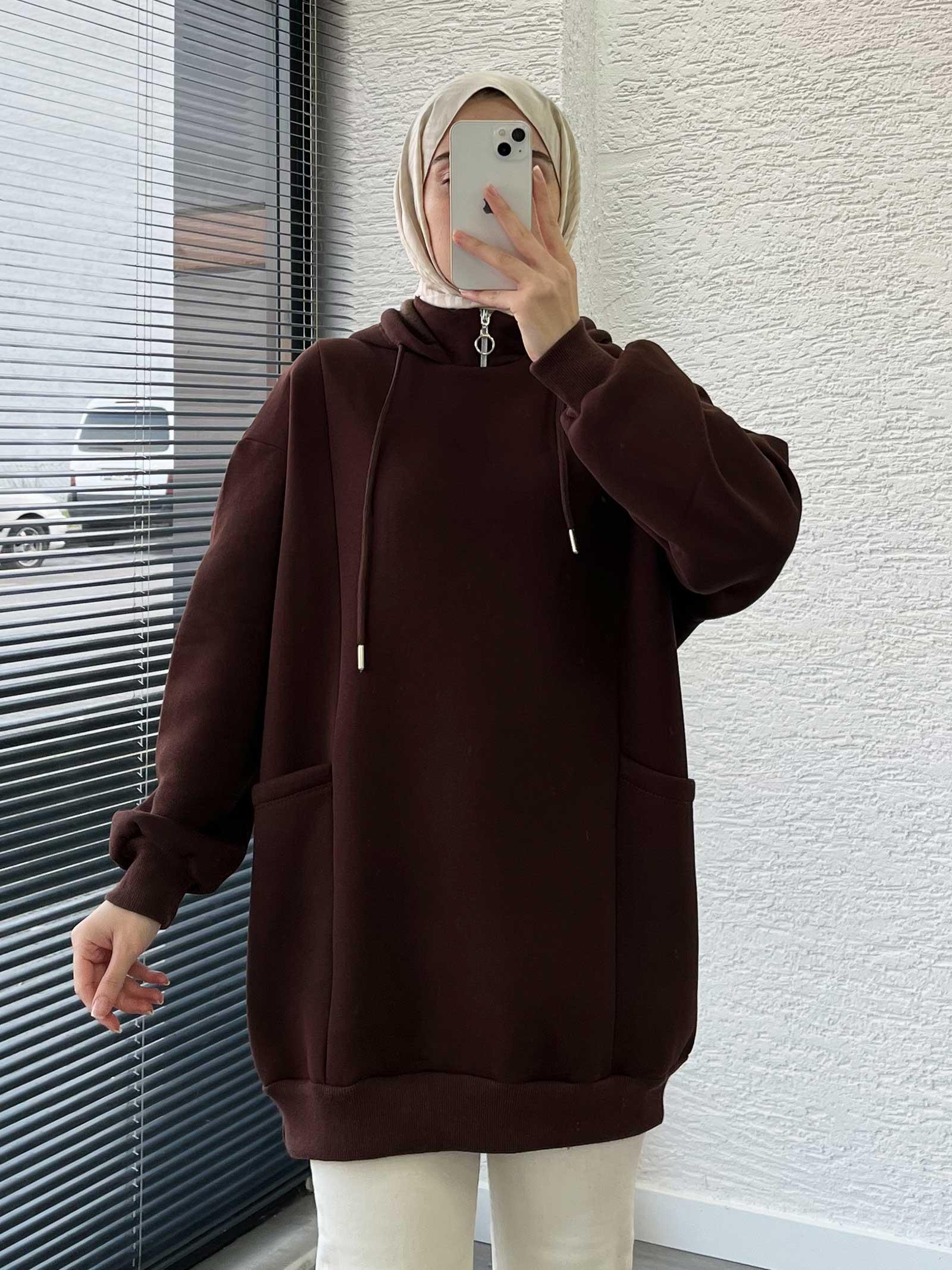 Kahverengi Cepli Oversize Kadın Sweat