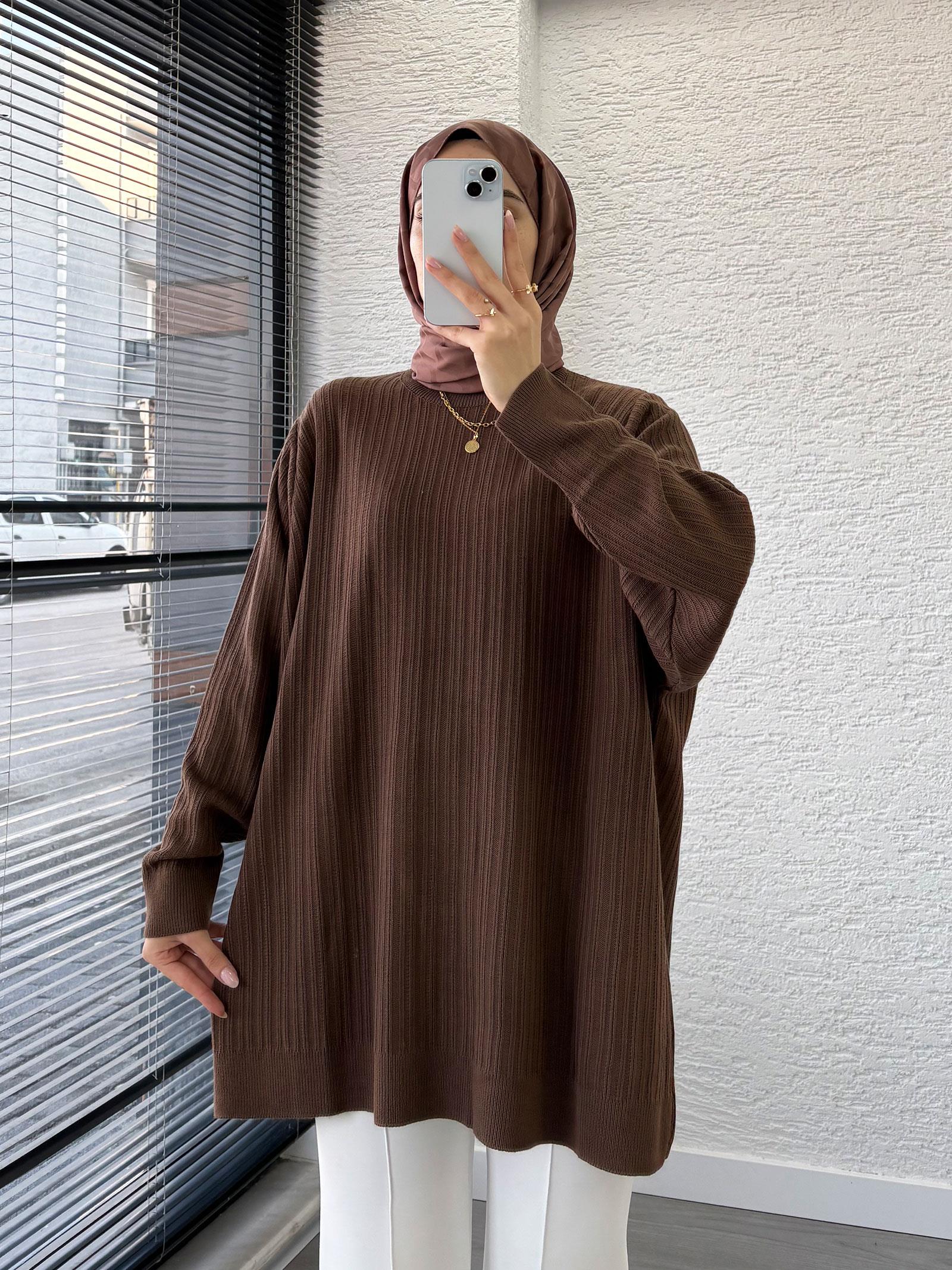 Kahverengi Kadın Fitilli Oversize Kazak