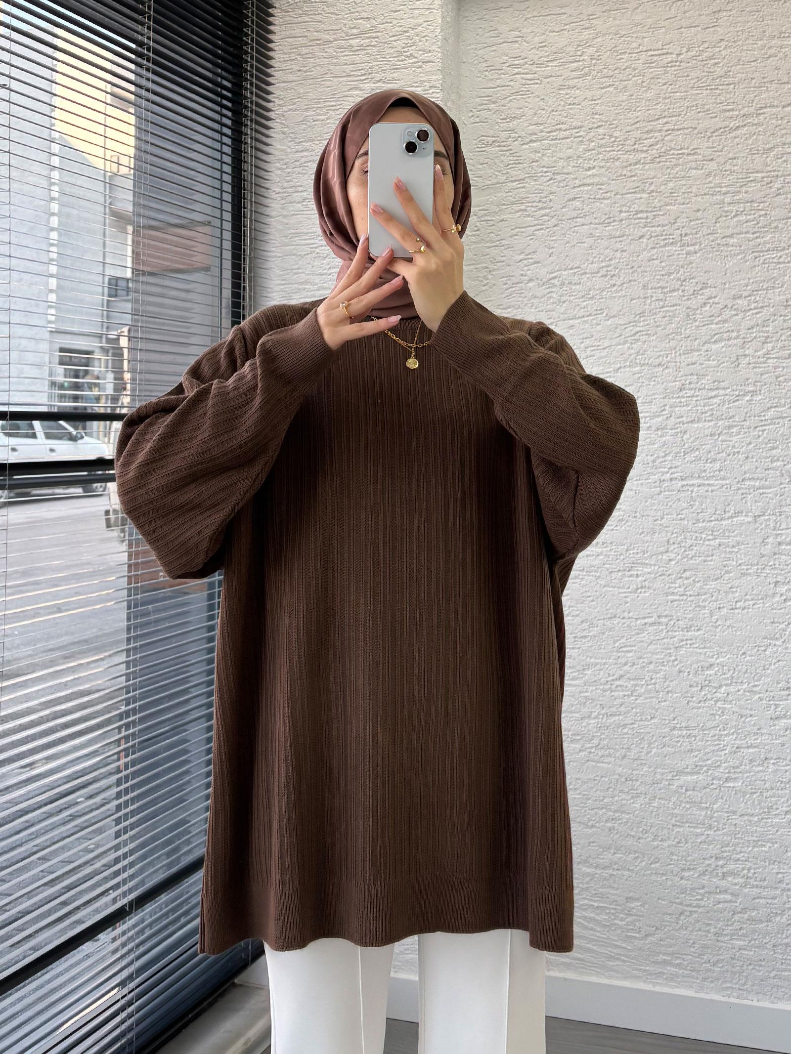 Kahverengi Kadın Fitilli Oversize Kazak
