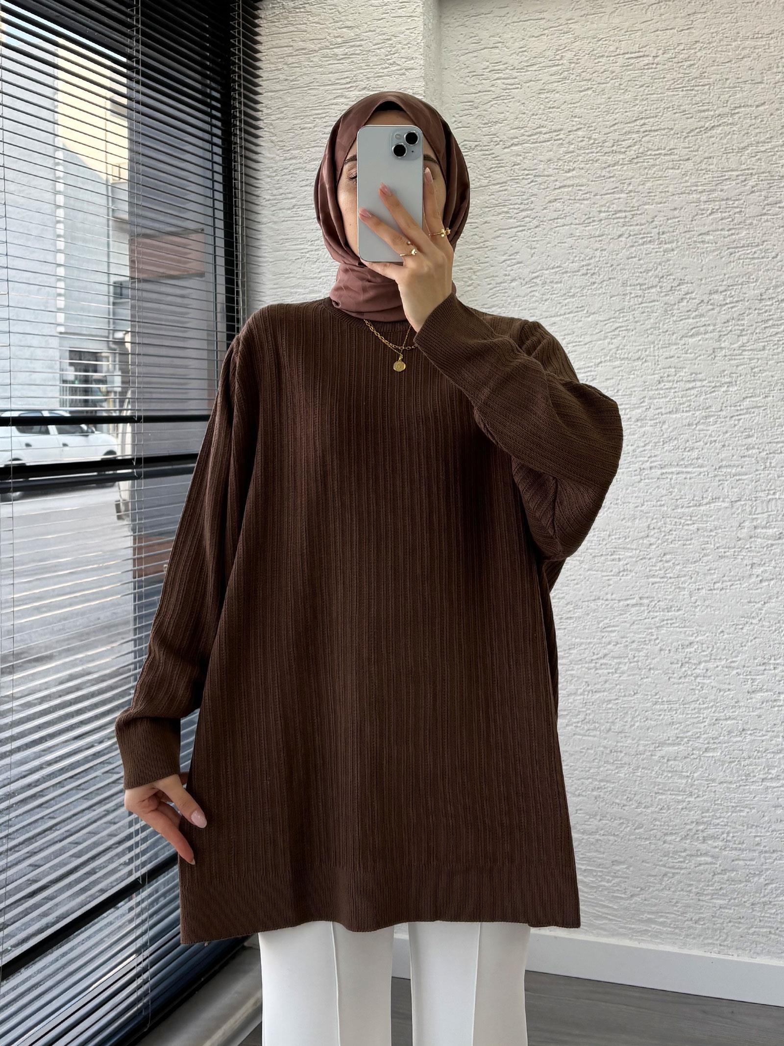 Kahverengi Kadın Fitilli Oversize Kazak