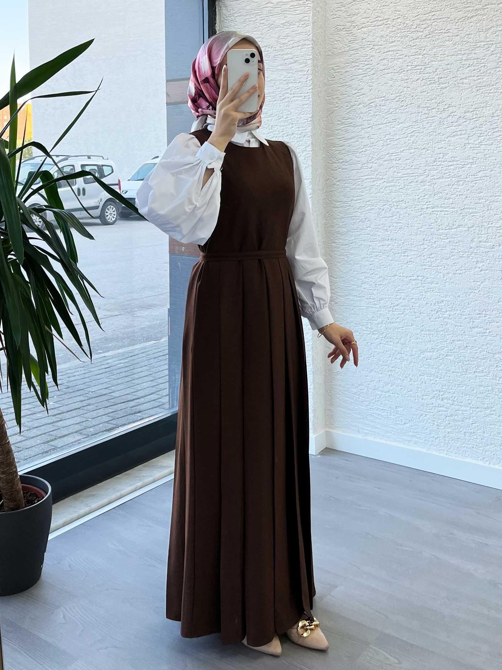 Kahverengi Kadın Pileli Jile Elbise
