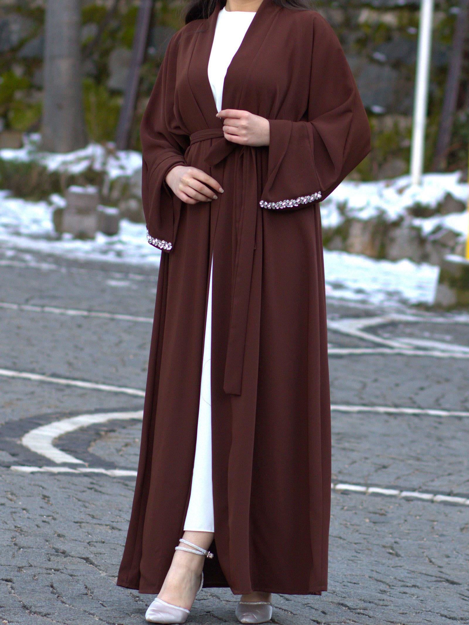 Kahverengi Kolu Taşlı Ala Abaya
