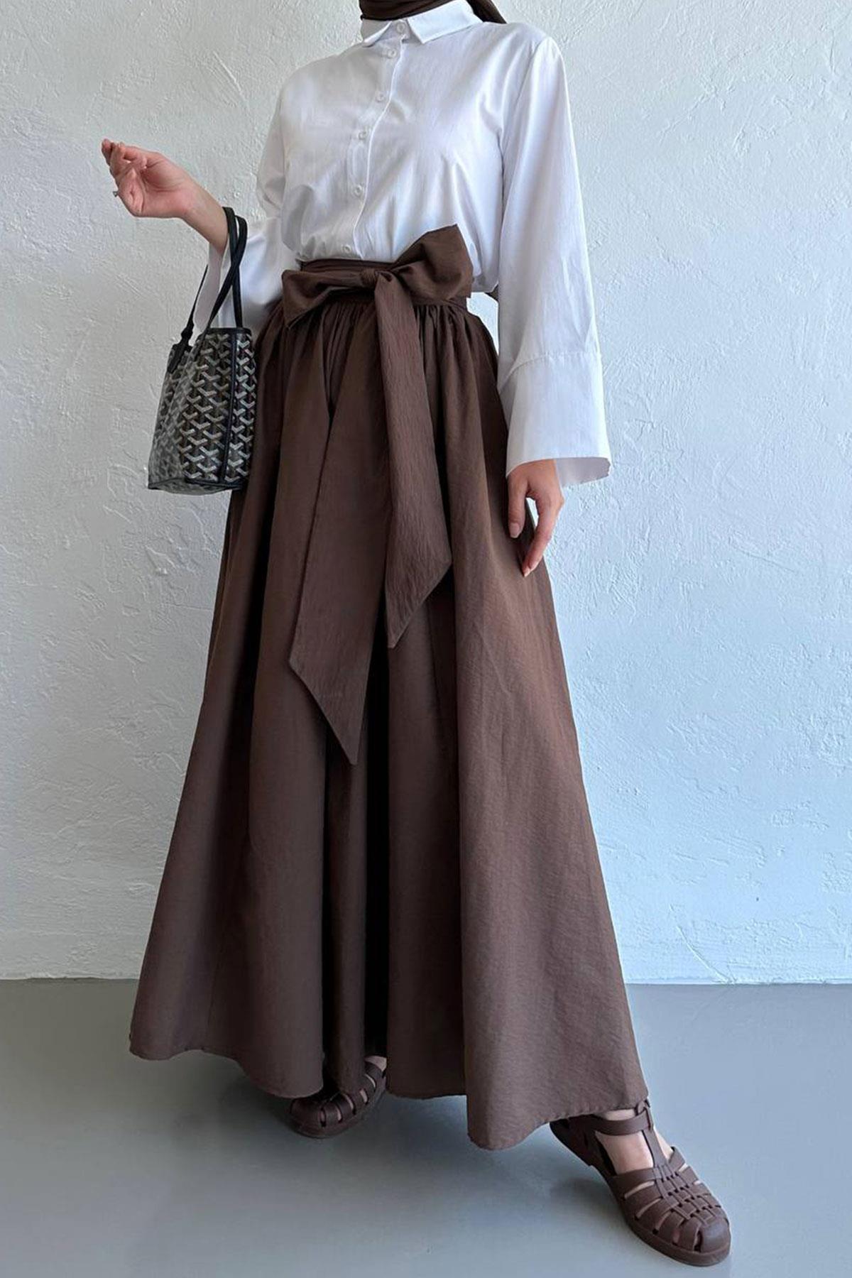 Kahverengi Linda Kuşaklı Maxi Etek