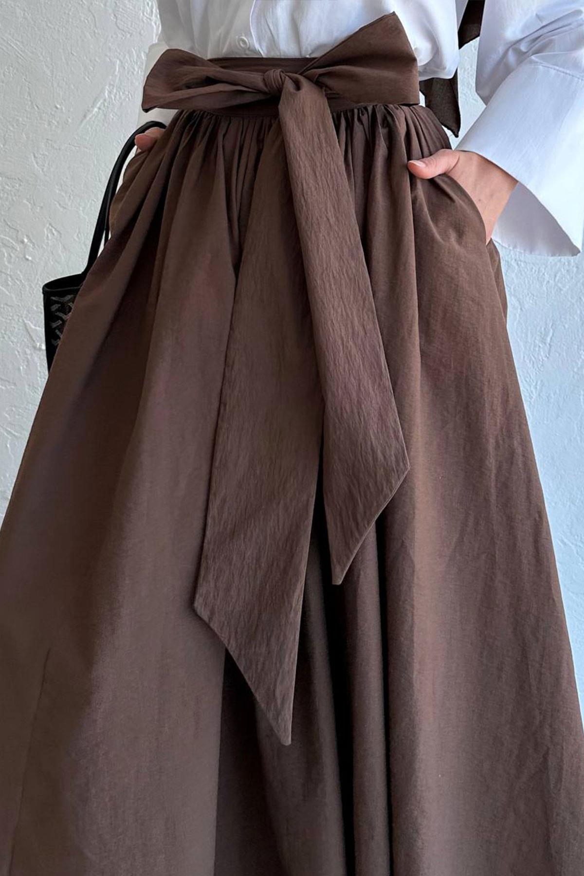 Kahverengi Linda Kuşaklı Maxi Etek