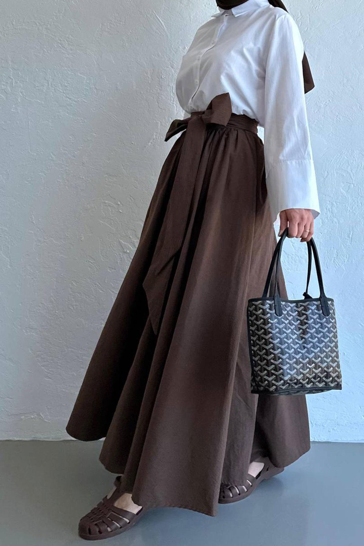 Kahverengi Linda Kuşaklı Maxi Etek