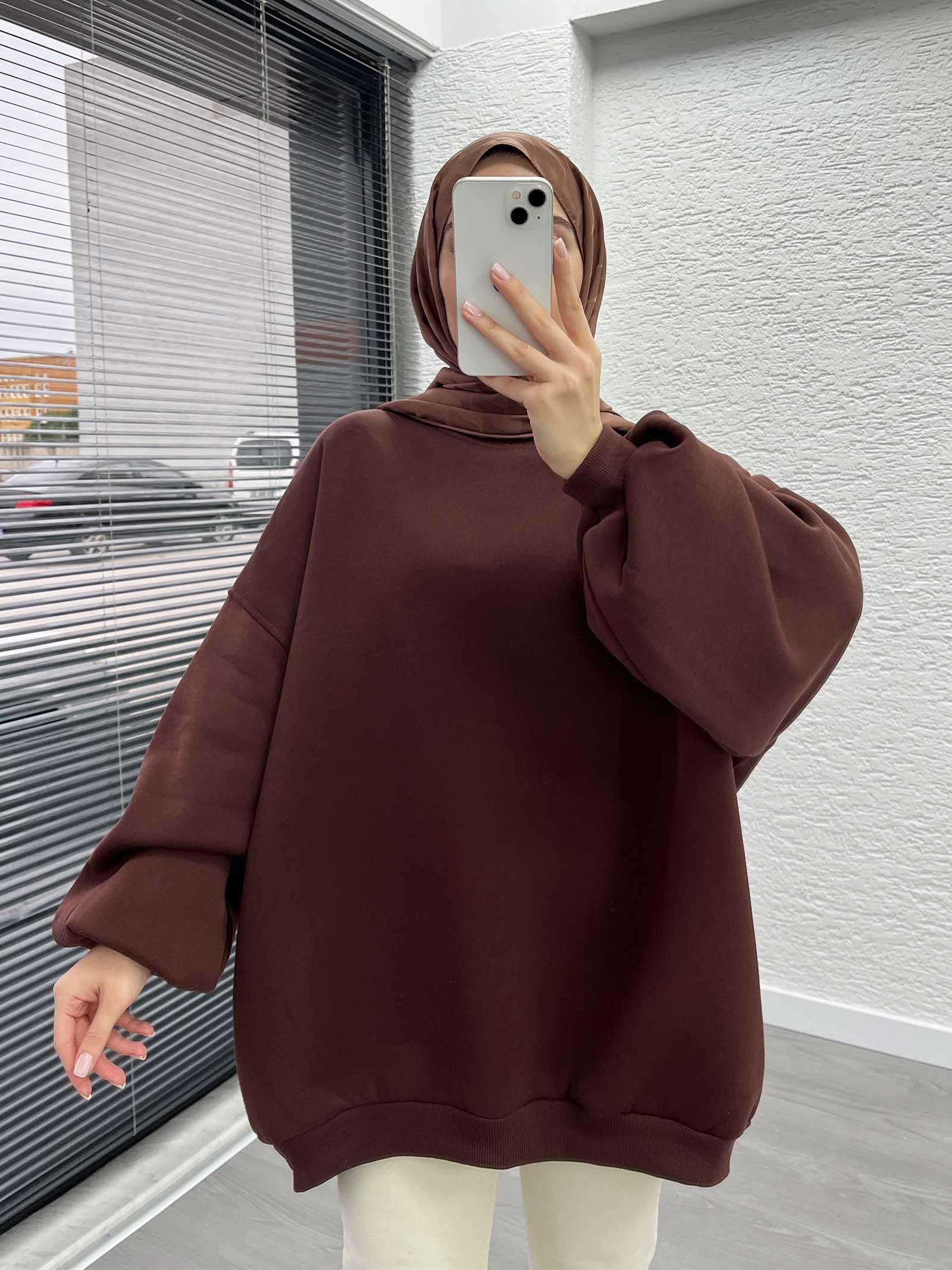 Kahverengi Oversize Balon Kollu Sweat 