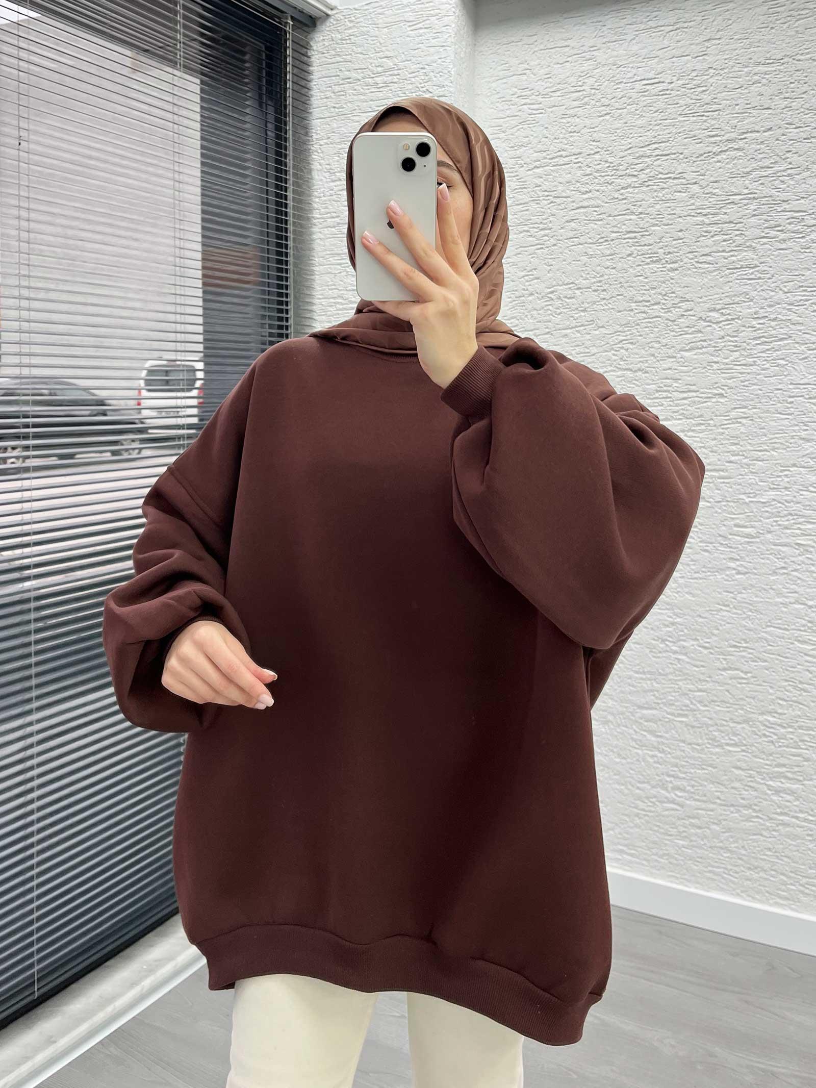 Kahverengi Oversize Balon Kollu Sweat 