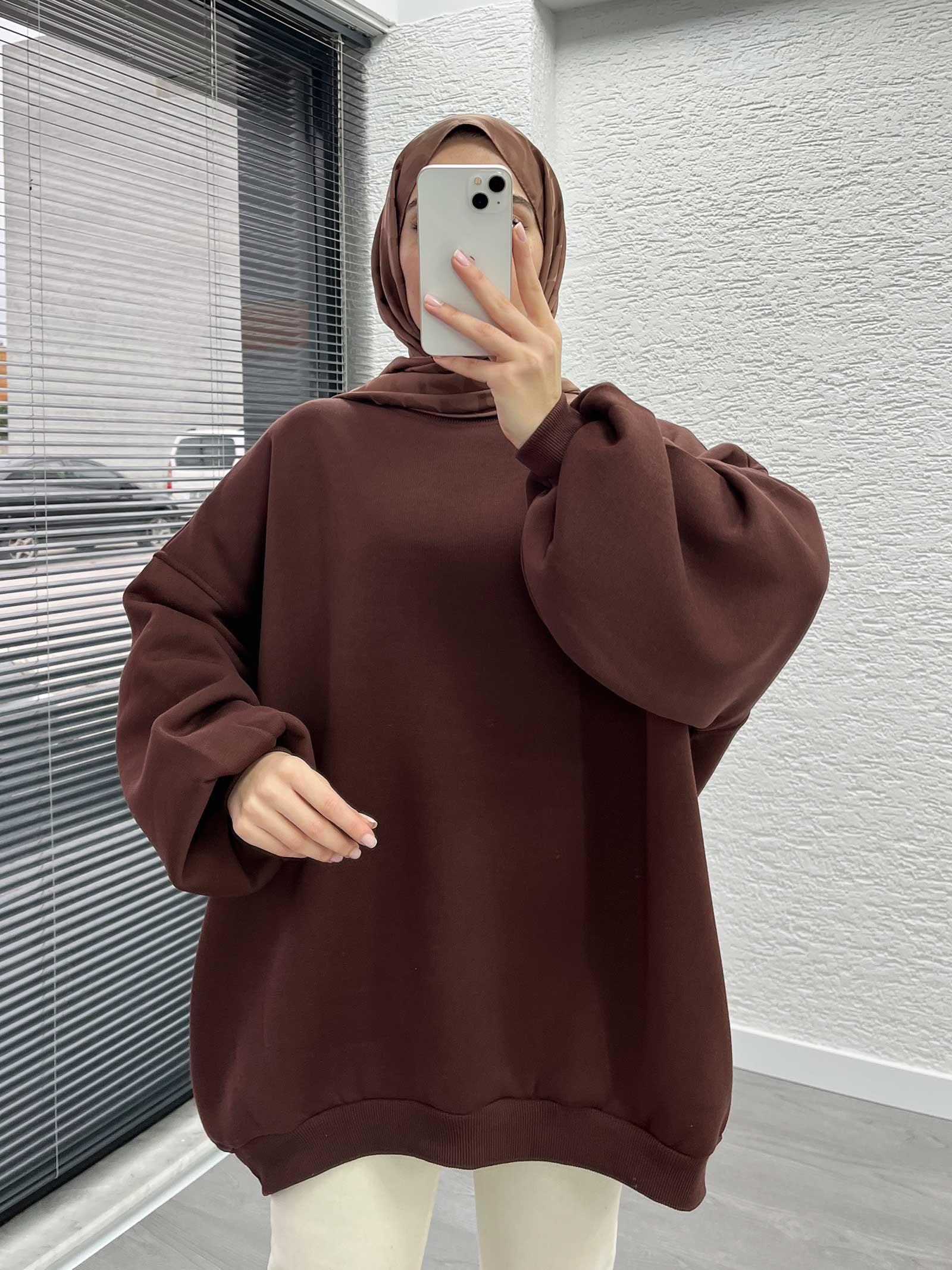 Kahverengi Oversize Balon Kollu Sweat 