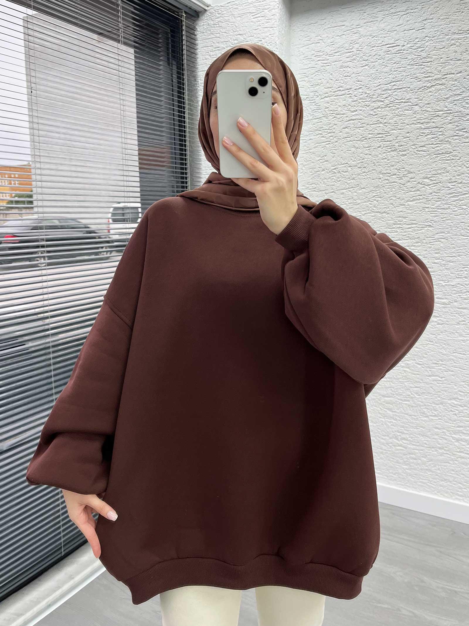 Kahverengi Oversize Balon Kollu Sweat 