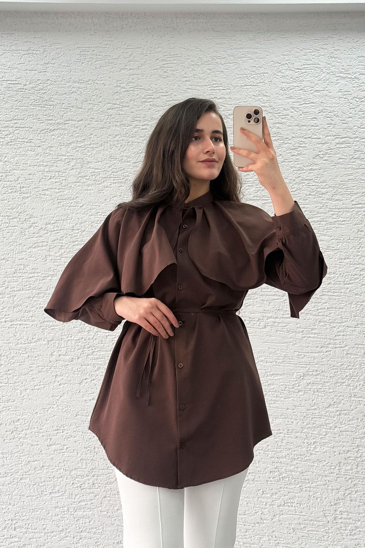 Kahverengi Volan Detaylı Tunik